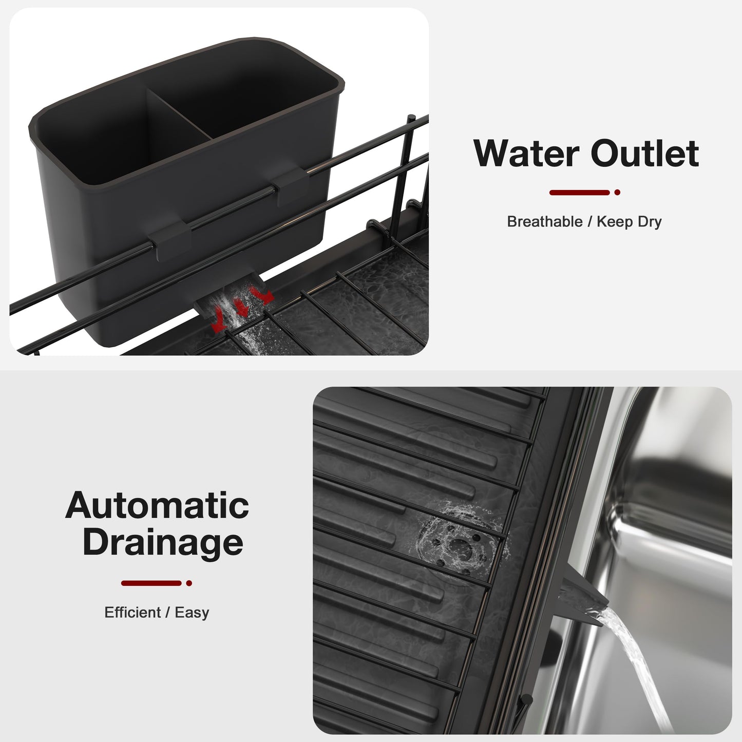 MAJALiS Extendable Dish Drying Rack - Dual Part Dish Racks with Drain Board, Adjustable Large Dish Drainer with Utensil Holder, Spatula Holder and Cutting Board Holder, X-Large 32.5-52 cm, Black