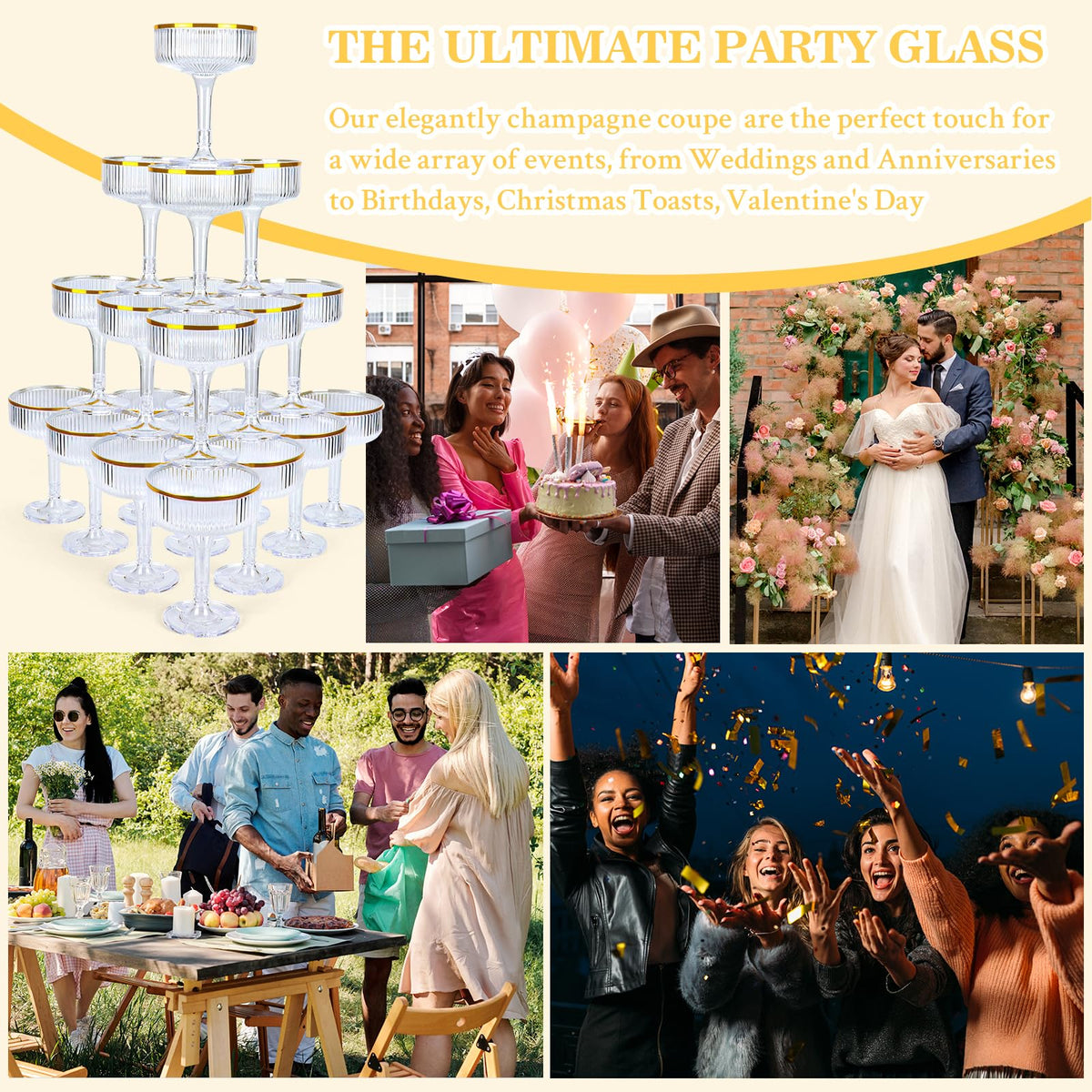 48 Pack Plastic Champagne Tower 5oz Clear Champagne Coupe Glasses Plastic Champagne Flutes with Gold Rim Disposable Martini Glasses Stackable Cocktail Glasses for Wedding Birthday Party Bar Supplies