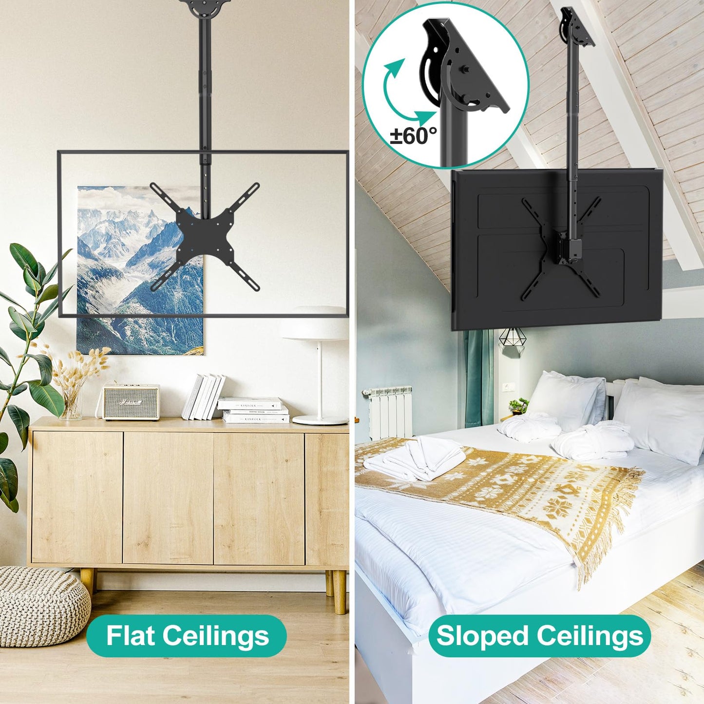 WALI TV Ceiling Mount for 26 to 65 Inch TVs, Adjustable TV Bracket Fits Most LED, LCD, OLED and Plasma Flat Screen Display, Up to 110 lbs, Mounting Holes 400x400mm (CM2665), Black