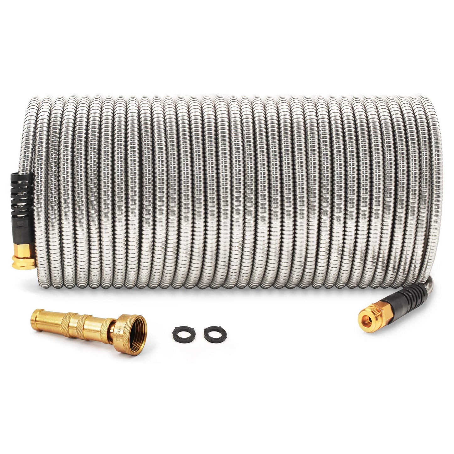 Cesun 100 Feet 304 Stainless Steel Metal Garden Hose with Solid Brass Nozzle, Lightweight Portable Durable Cool to The Touch, Flexible and No Kink, Tangle Puncture Resistant (100 Feet Upgraded)