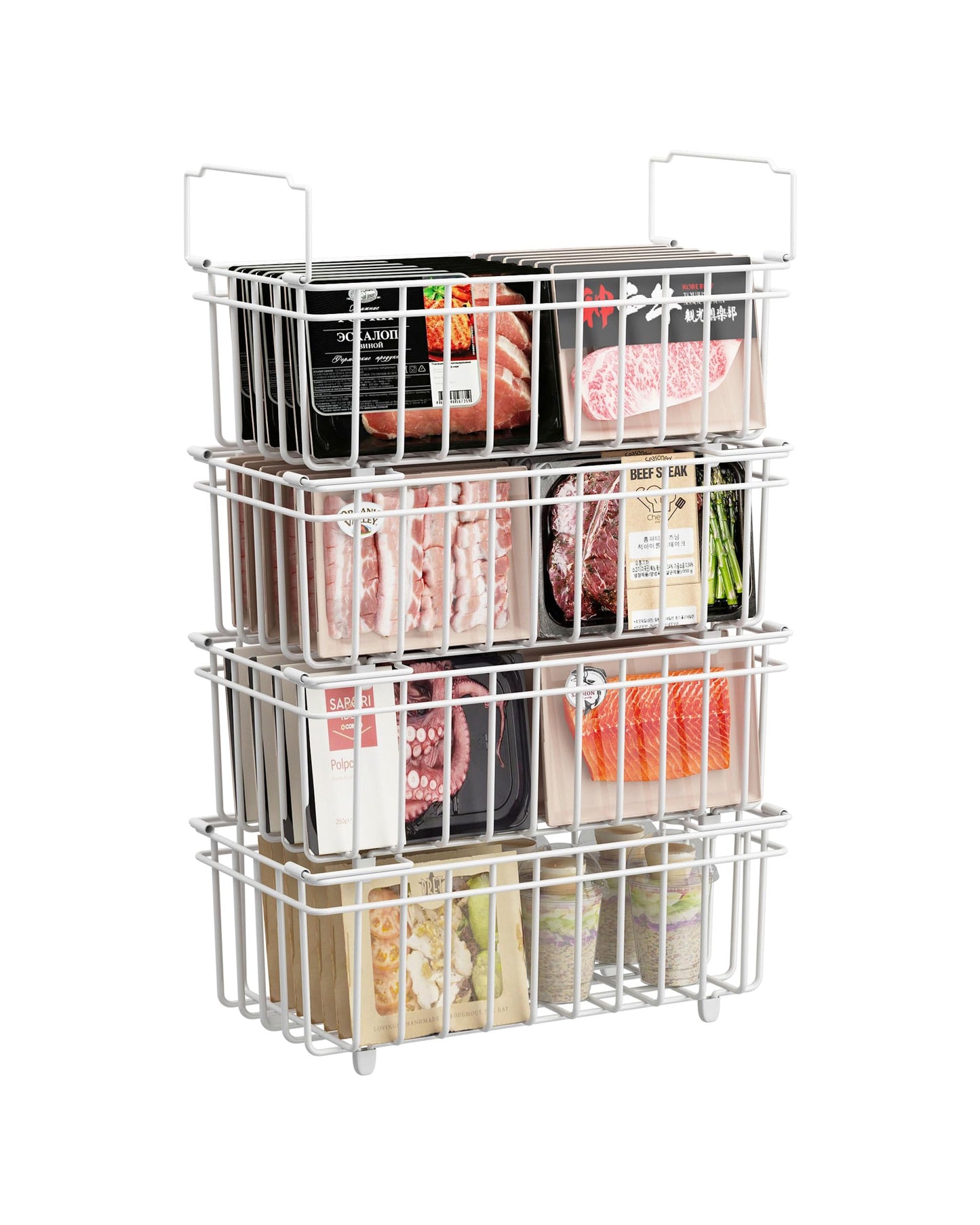 UMDONX 4 Pack Chest Freezer Organizer Baskets Stackable Storage Bins for 7 Cu.Ft Deep with Foldable Handles, Kitchen Pantry Shelf Rack, Durable Metal White Load 45LBS