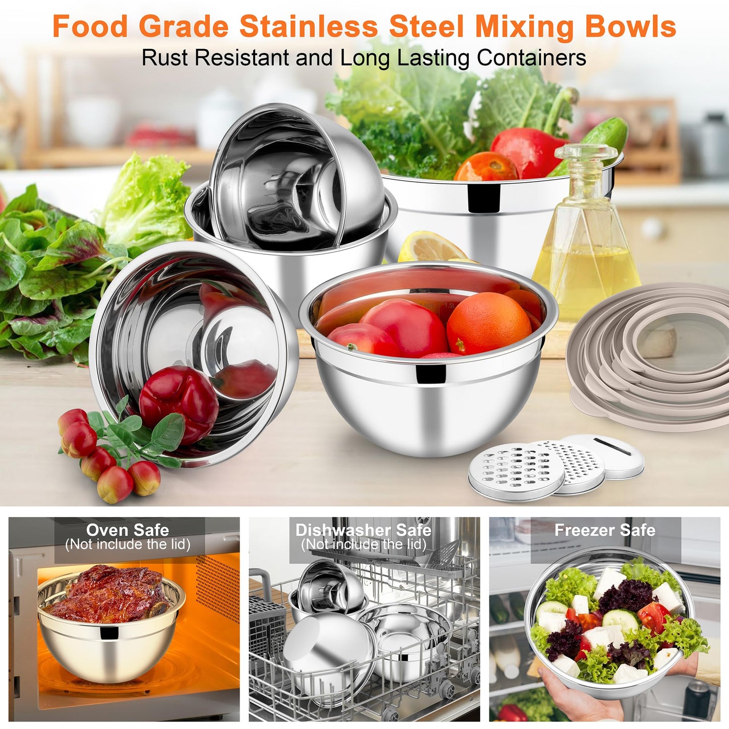 E-far Mixing Bowls Set of 5, Stainless Steel Salad Mixing Bowl with Transparent Lid, Metal Nesting Bowl Attach with 3 Graters for Kitchen Prepping/Serving/Baking/Storage, 4.6/2.6/1.5/1/0.7 QT - Khaki