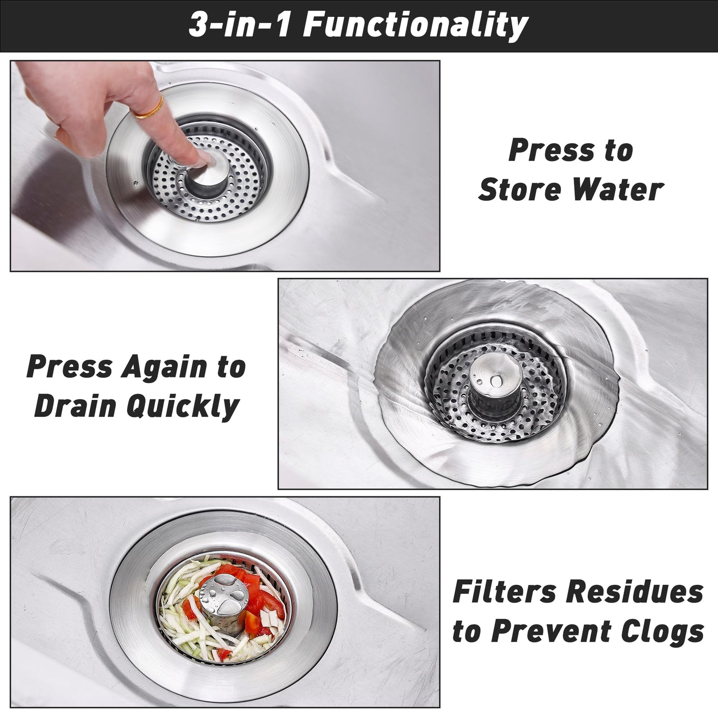 Kitchen Sink Drain Strainer 3-in-1, Stainless Steel Pop-Up Sink Stopper with Copper Bounce Core, Anti-Clog Food Catcher Basket, Universal Brass Strainer for US Standard 3-1/2 Inch Drains (2)