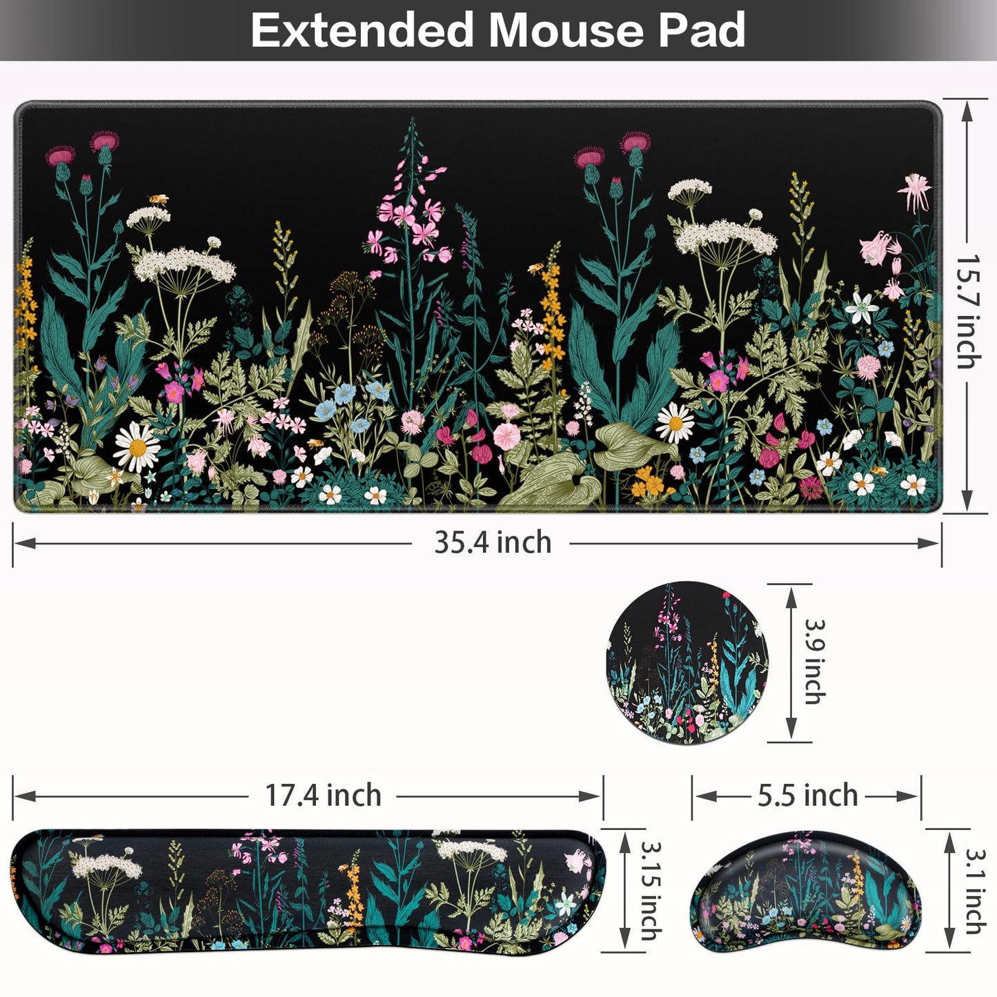 Mouse Pad, Large Gaming Mouse Pad with Wrist Rest, 4in1 XXL Desk Mat+Keyboard Wrist Rest+Wrist Support+Cup Coaster Set Ergonomic Floral Computer Desk Arm Wrist for Decor Home Office Women