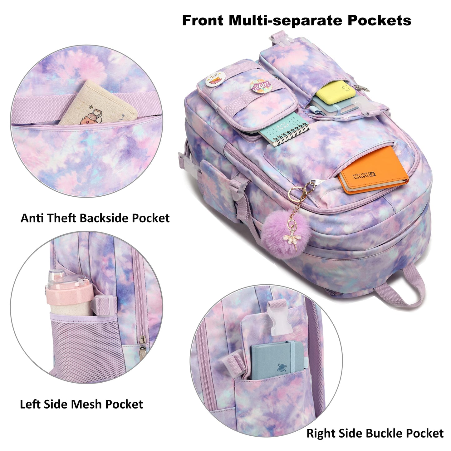 Hidds Laptop Backpacks 16 Inch School Bag College Backpack Travel Daypack Bags Bookbags Daypack for Teens Girls Women, Tie-dye Purple, Large, Daypack Backpacks