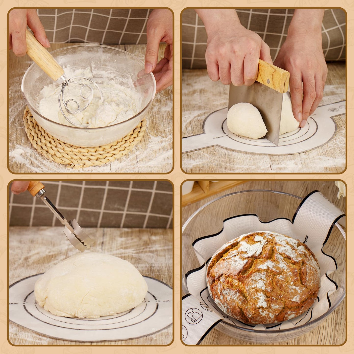 Sourdough Bread Starter Kit, Cotton Sourdough Kit Proofing Basket 10" Round, Banneton Bread Making Tools with Starter Jar,Dough Whisk,Bread Lame & Sling,Scraper and Brush Gifts for Bakers Women Mom
