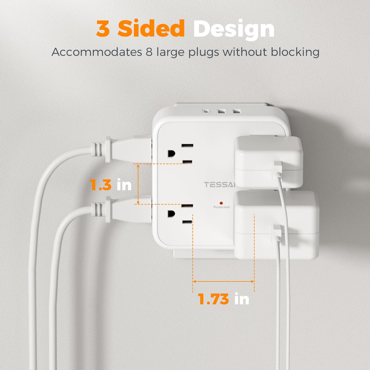 Multi Plug Outlet Extender, TESSAN 900J Surge Protector Plug Extension Block, 8 Outlet Splitter with 3 USB Ports (1 USB C), Electrical Socket for Home Office Dorm Room Essentials, White