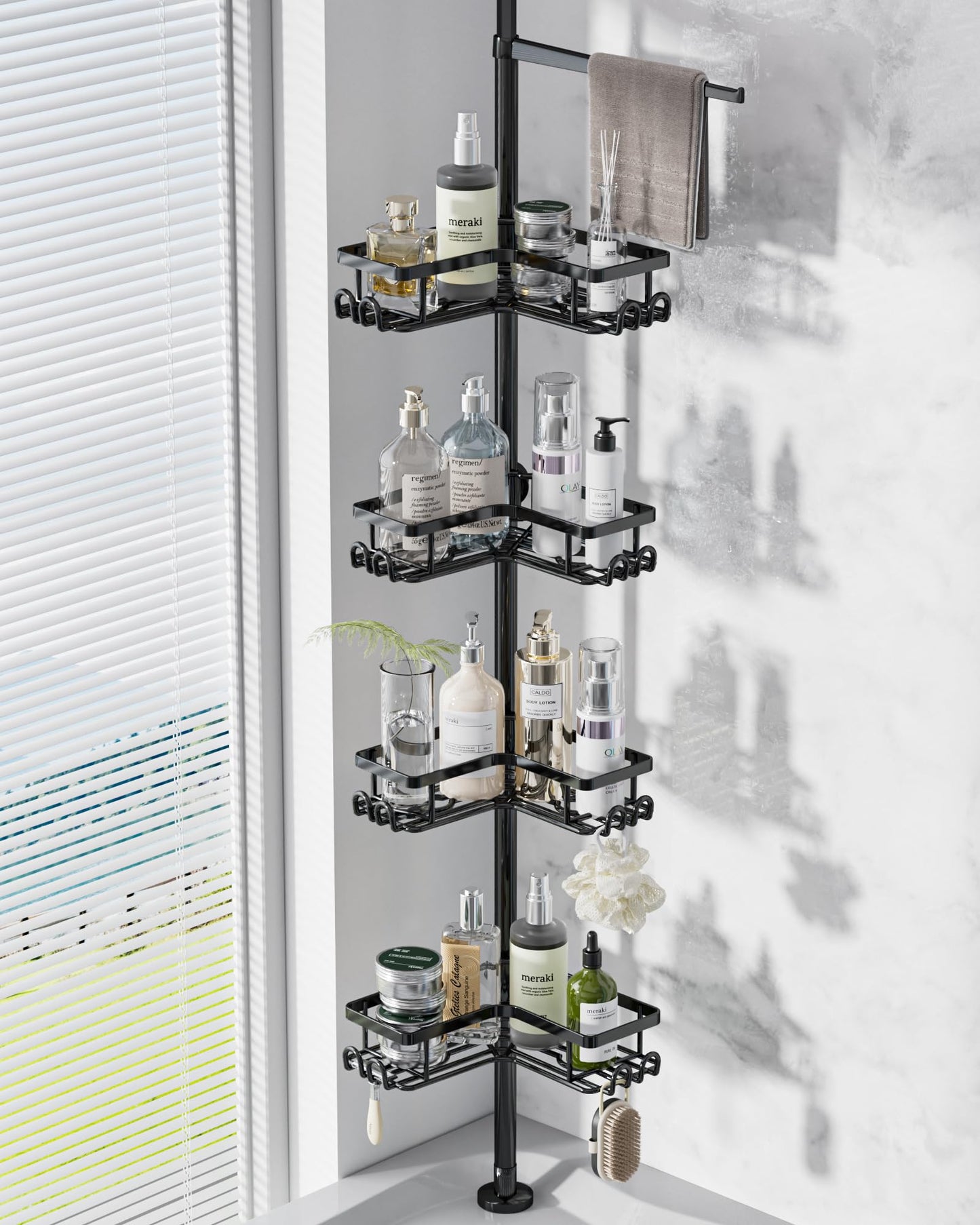 H Hawsam Shower Caddy Corner Tension Pole with 4 Tier Metals Baskets Rustproof Shower Shelves Corner Standing Large Bathroom Shower Storage Organizer Shelf Adjustable Height from 32 to 123 In