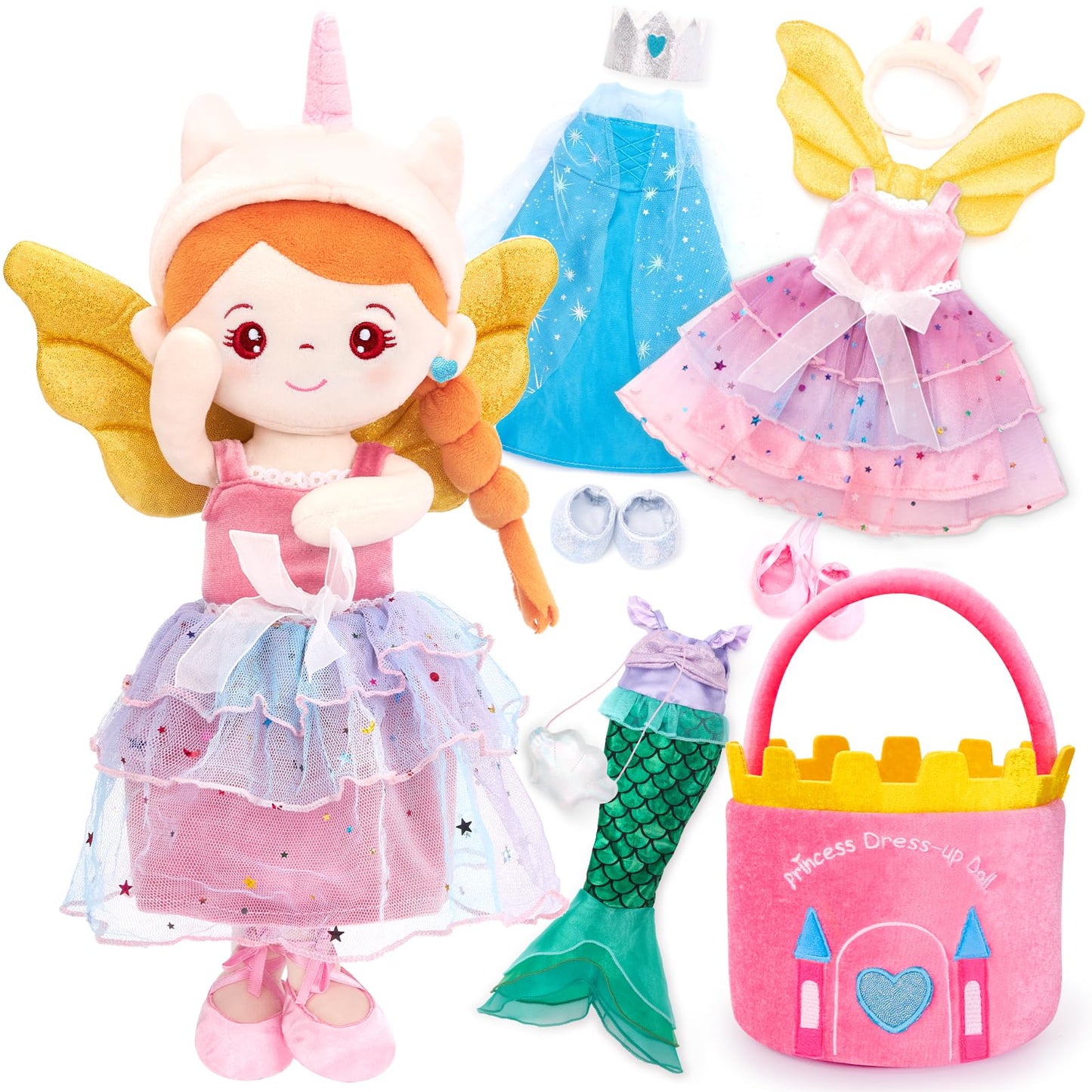 hahaland Dress Up Doll Playsets - Princess Mermaid Unicorns Toys for Girls Age 4-6, Plush Doll with 3 Outfits and Carry Bag, Fairy Ballerina Toys 4 Year Old Girl Birthday Gifts Easter Basket Stuffers