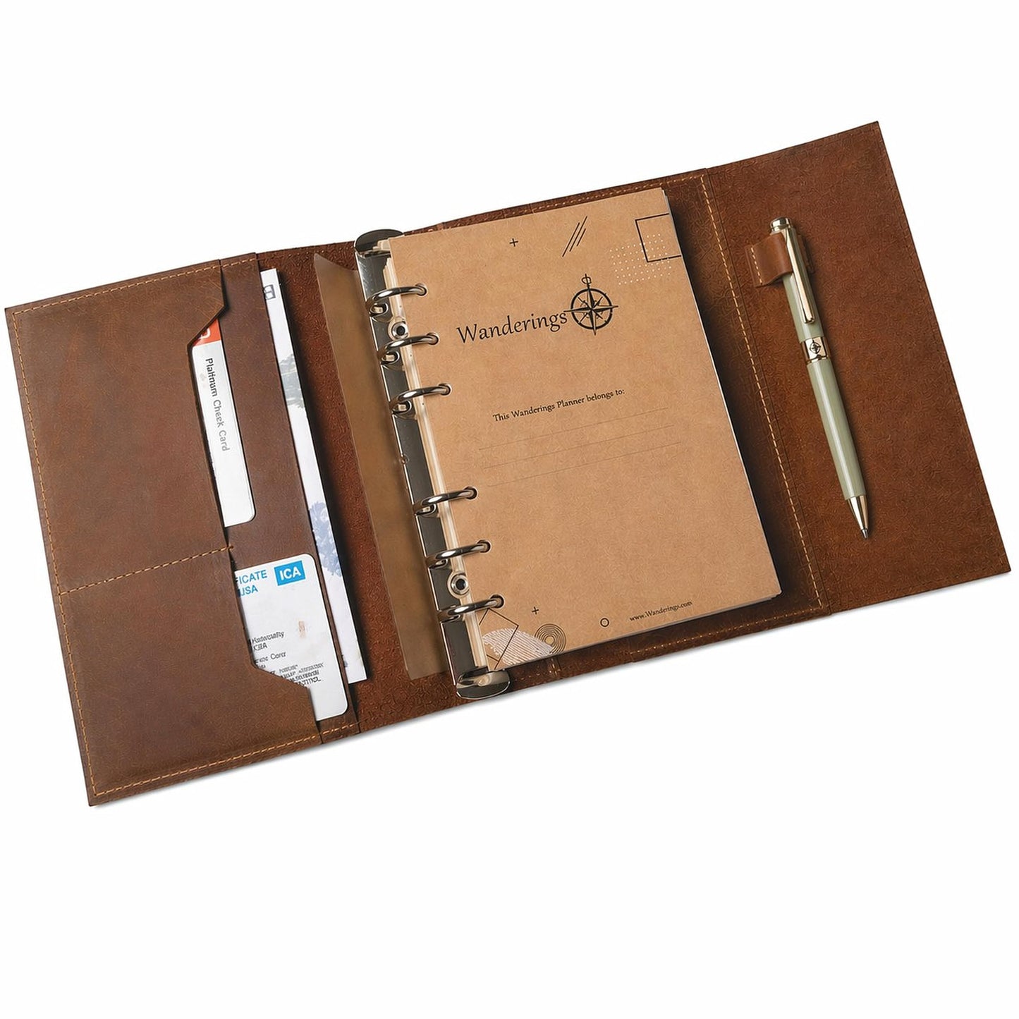 Wanderings A5 Leather Binder Planner - Refillable 6 Ring Journal with Inner Pockets - Hand-Crafted Genuine Leather Organizer- Filofax Compatible. 2026/27 Monthly Weekly Calendar with Notes - 6.75" x 9" (17 x 22.5cm)