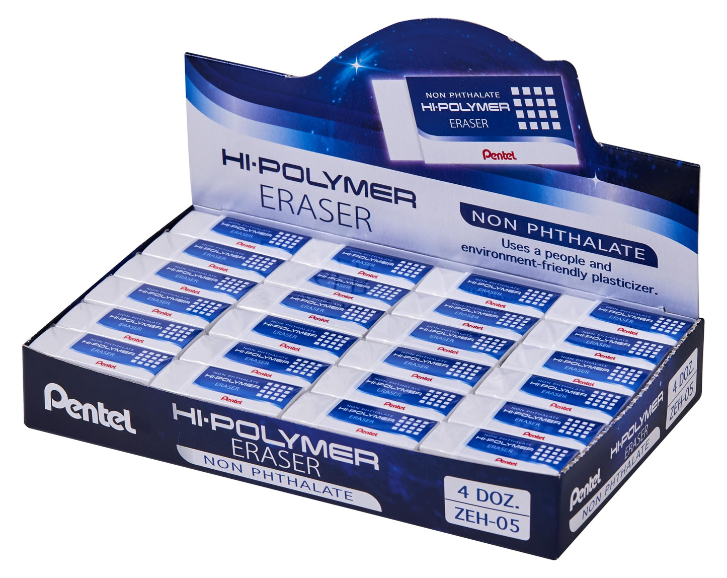 Pentel Hi-Polymer, Small Rubber Block Eraser with Protective Sleeve, ZEH-05, Box of 48