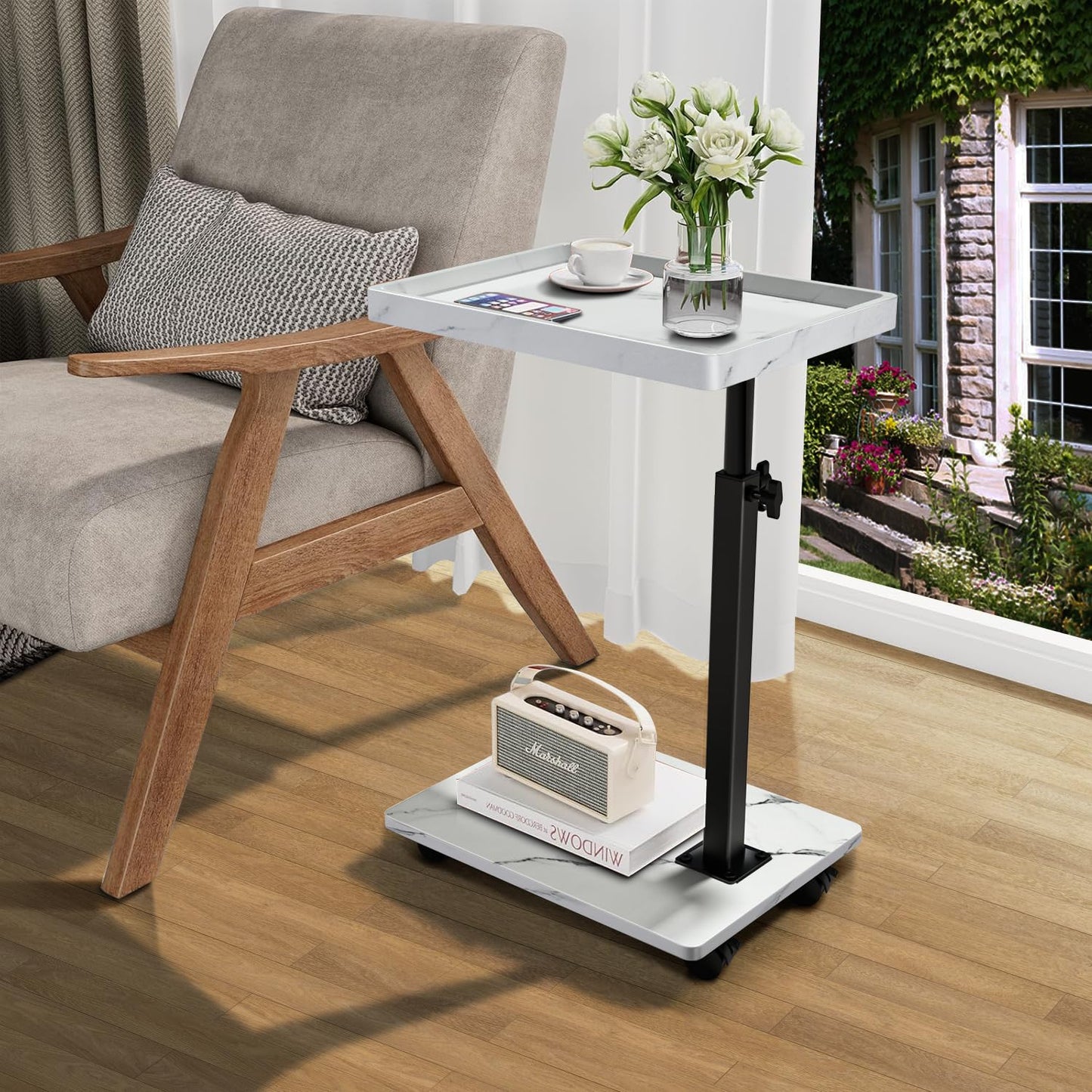 C Shaped End Table Adjustable Height, 360°Swivel TV Tray Table for Small Spaces, Rolling Couch Side Tables for Living Room, Bedroom, Bedside, Chair, Sofa, Snack (White)