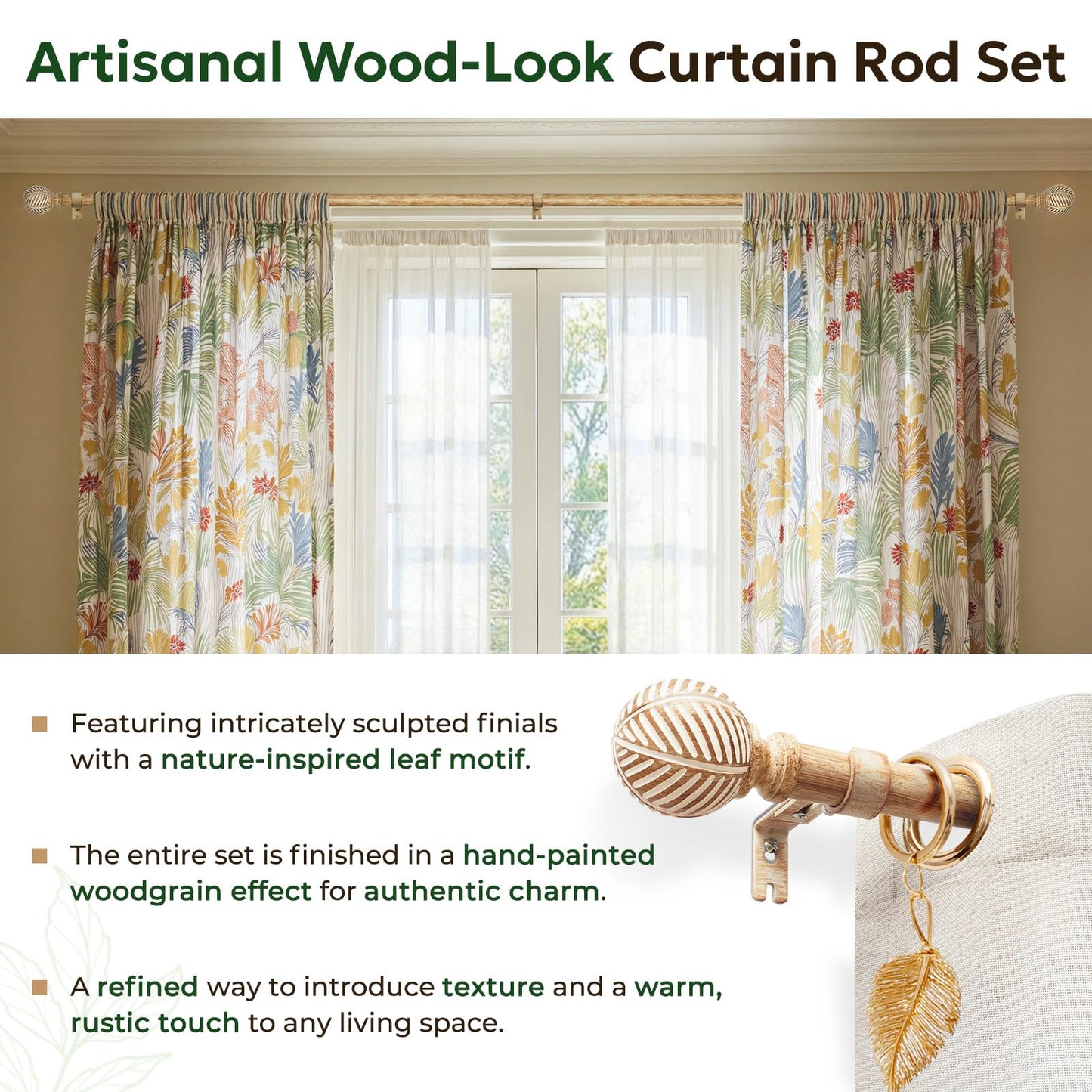 Zeerobee Wood Curtain Rods for Windows 48 to 84, 1 Inch Heavy Duty Drapery Rods with Imitation Wood Grain Leaf Pattern Finials, Indoor/Outdoor Modern Curtain Pole, 32"-86", Brown