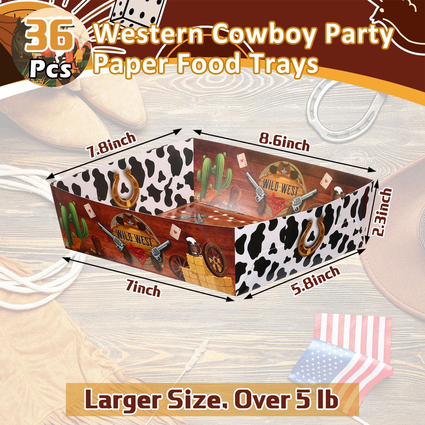 Mifoci 36 Pcs Western Food Trays Cowboy 5 lb Western Party Decorations for Cowboy Baby Shower My First Rodeo Party(Brown)