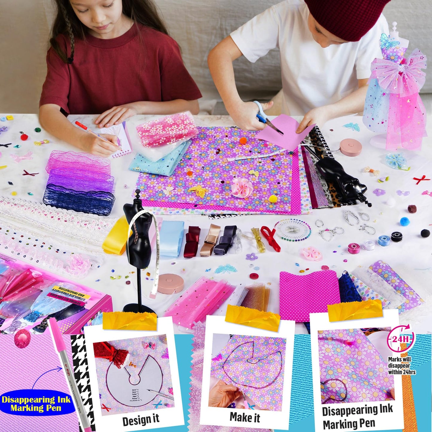 1000+Pcs Fashion Design Kit for Girls with 6 Mannequins - Sewing Kit for Kids Ages 6-12,Learning Craft Toys DIY Arts & Crafts for Girls Age 6, 7, 8, 9, 10-12, Gifts for Teen Girl