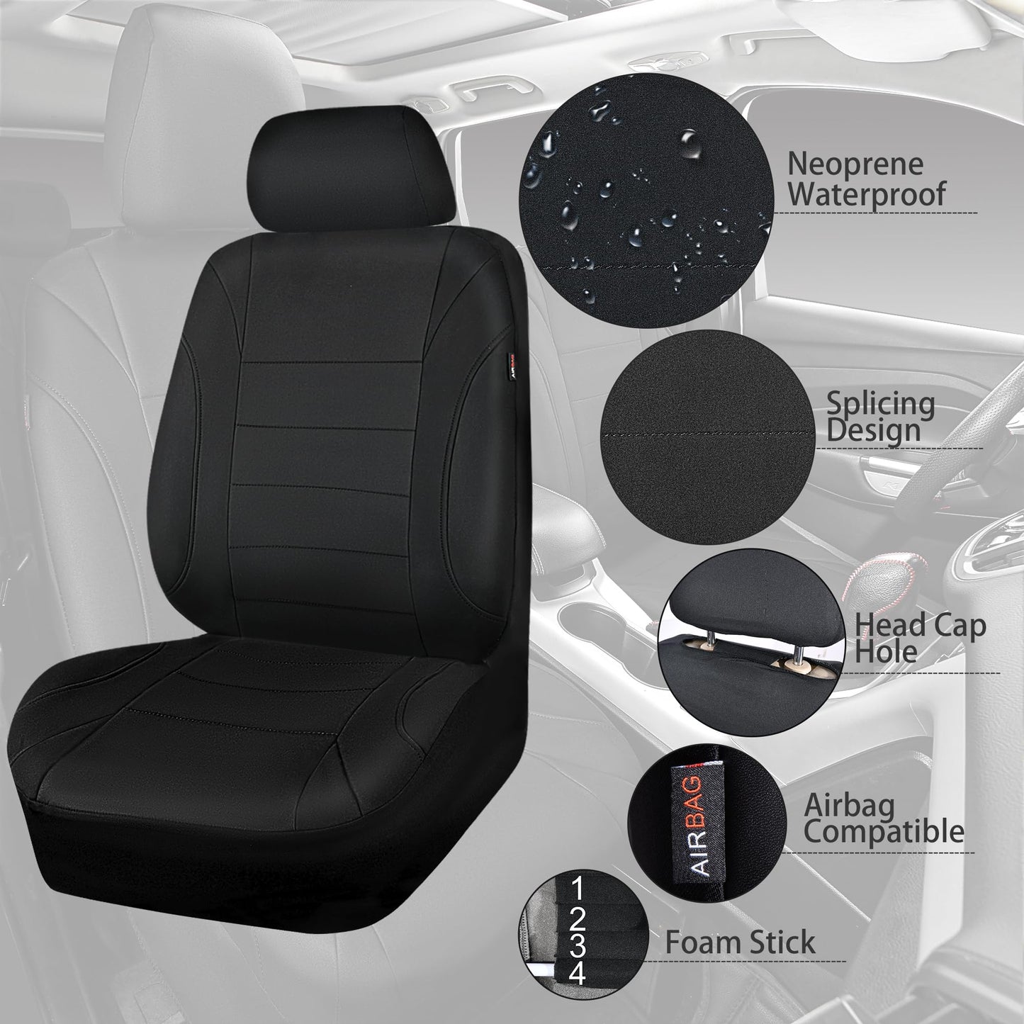 CAR Pass Neoprene Waterproof Two Front Car Seat Covers Set- Universal Fit for Vehicles, Airbag Compatiable(Black)