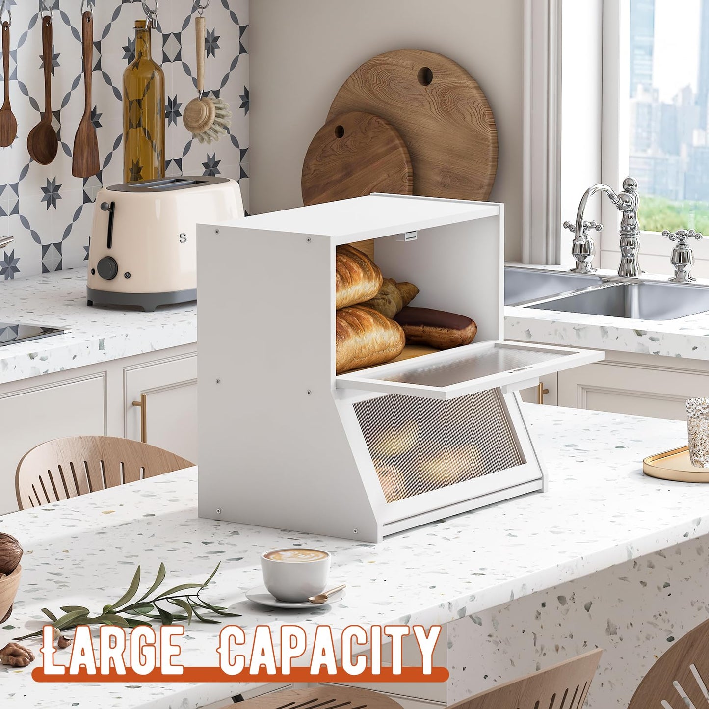GHWIE Double Layer Bamboo Bread Box for Kitchen Counter,Large Capacity Bread Storage Bin,Bread Container with Acrylic Wavy Door Panel (White, Extra Large)