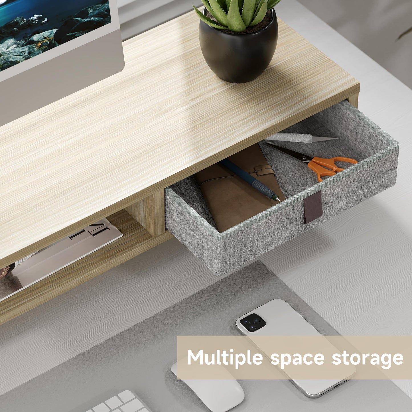 FENGE Dual Monitor Stand with 2 Drawers 42.5 Inch Large Computer Monitor Riser for Desk, Adjustable Height Desk Organizer with Storage for Laptop, PC, TV, Printer, Whole Piece Board Oak