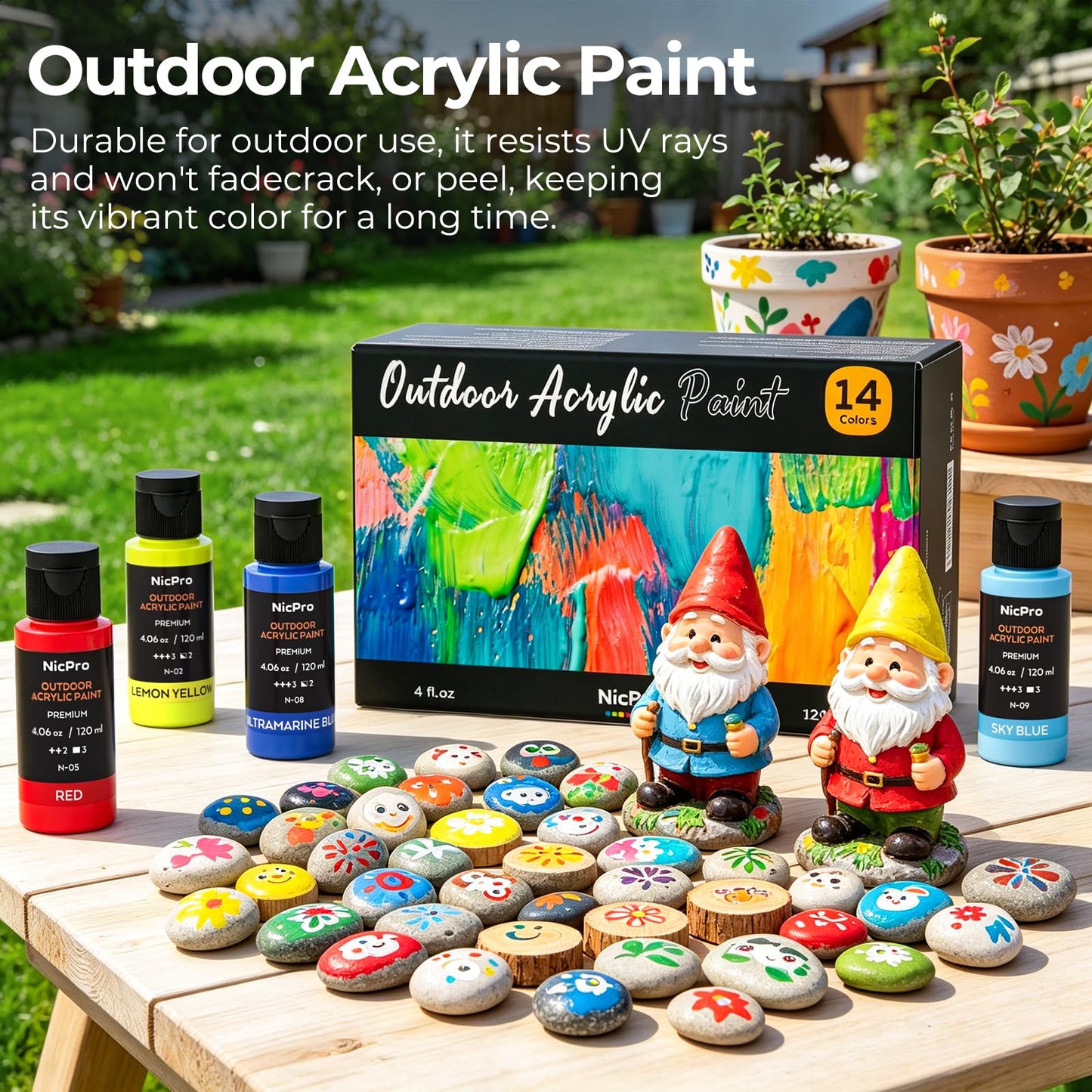 Nicpro 14 Colors Outdoor Acrylic Paint Bulk (4.06 oz,120ml) with Brush and Sponge, Knife, Non-Toxic Exterior Paint for Multi-surface Rock, Wood, Fabric, Leather, Metal, Canvas, Shoes and Wall Painting