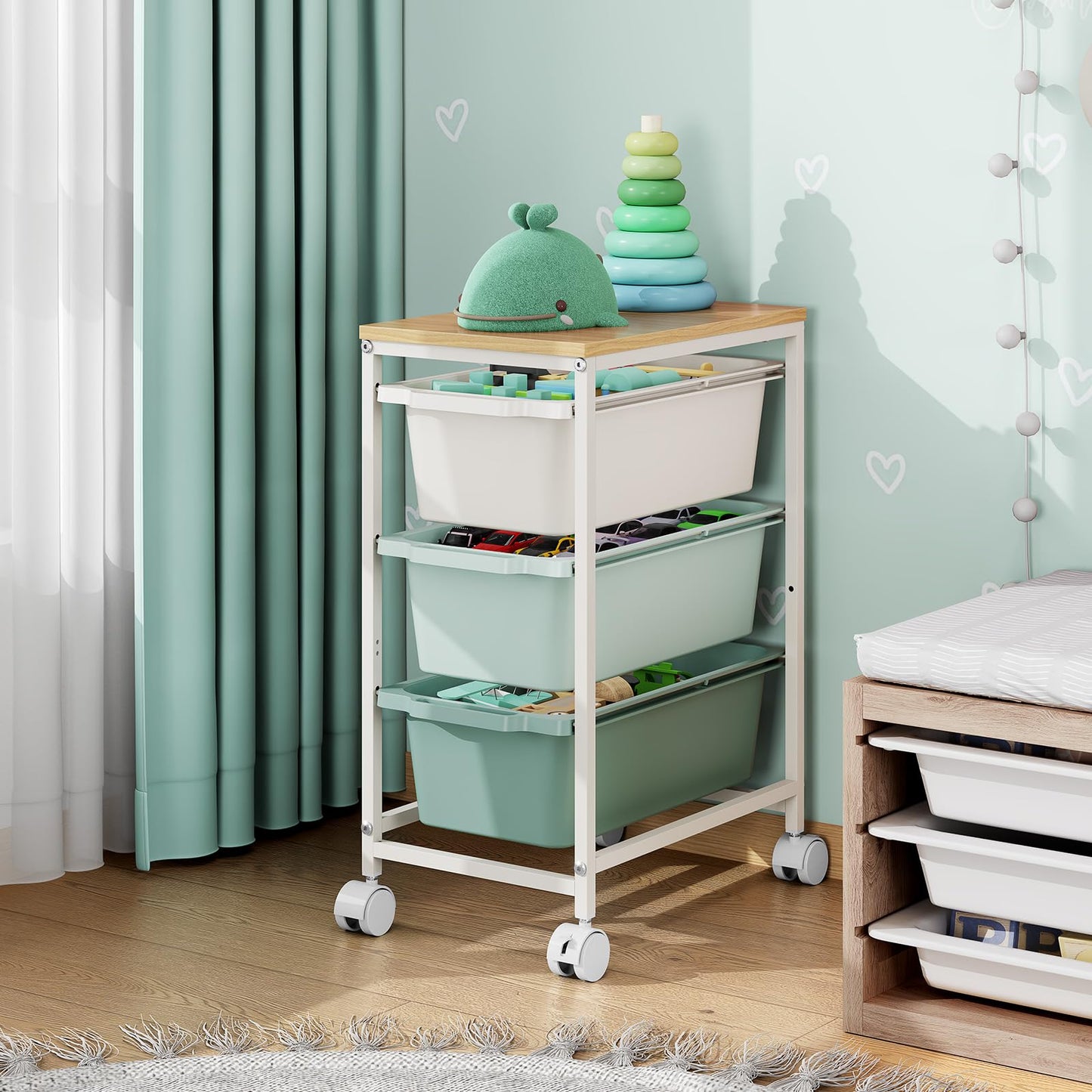 Rolling Storage Cart with 3 Drawers, Craft Organizer, Wooden Tabletop Utility Cart for Bedroom, Children's Room and Office Organization, Under Desk Trolley with Lockable Wheels, Green