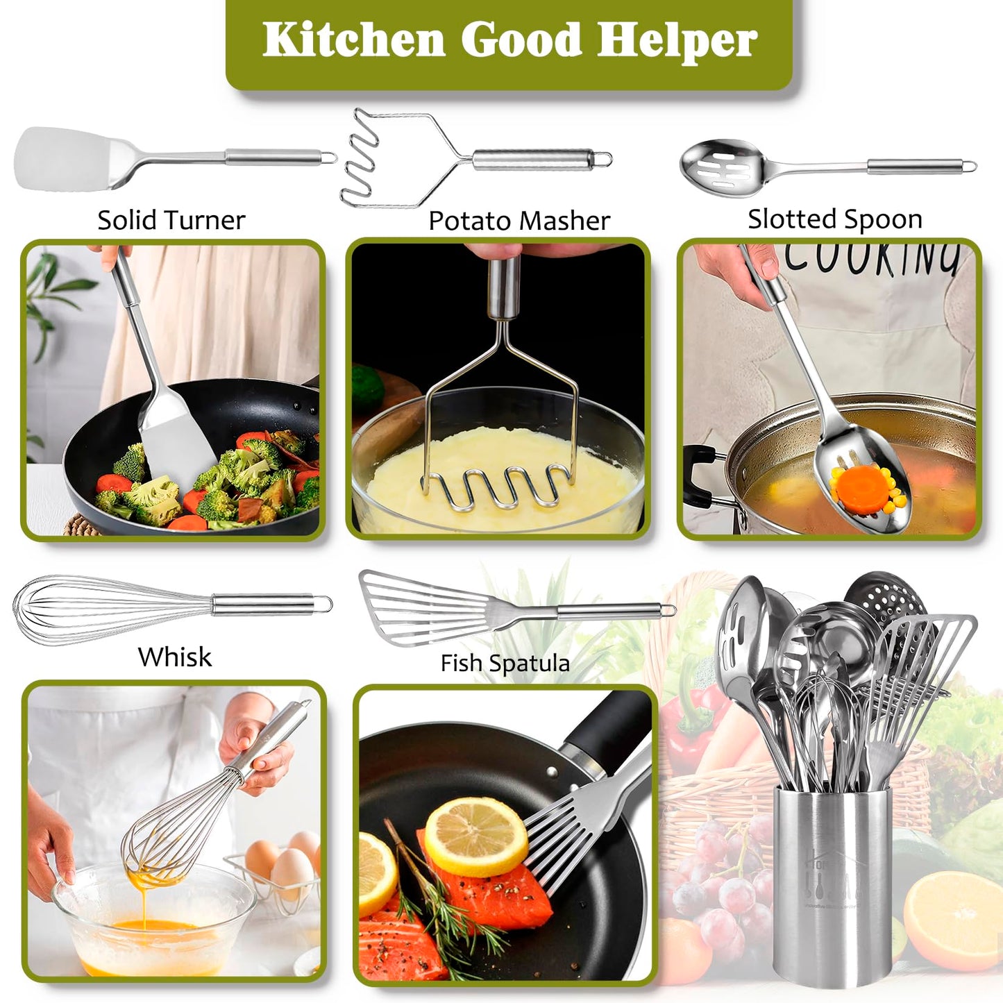 Stainless Steel Kitchen Utensils Set - 12pcs Cooking Utensil Set with Holder, Heat Resistant Metal Spatula Sets for Cooking, Stainless Steel Utensils Set with Turner Potato Masher Spoon Tong Whisk