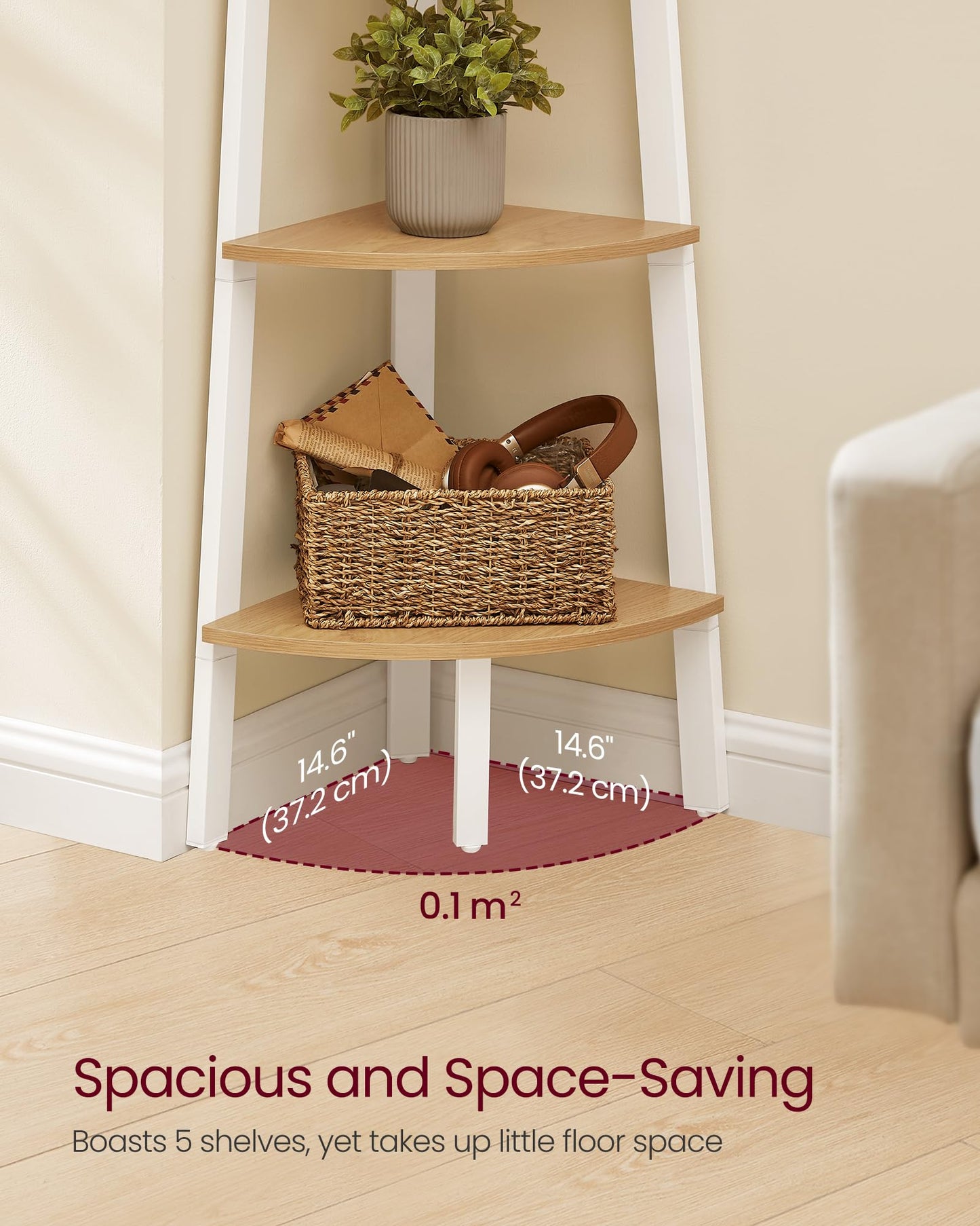 VASAGLE Corner Shelf Stand, 5-Tier Corner Bookshelf, Industrial Ladder Shelf, Plant Stand for Living Room, Office, Kitchen, Natural Oak and Matte White ULLS035Y01
