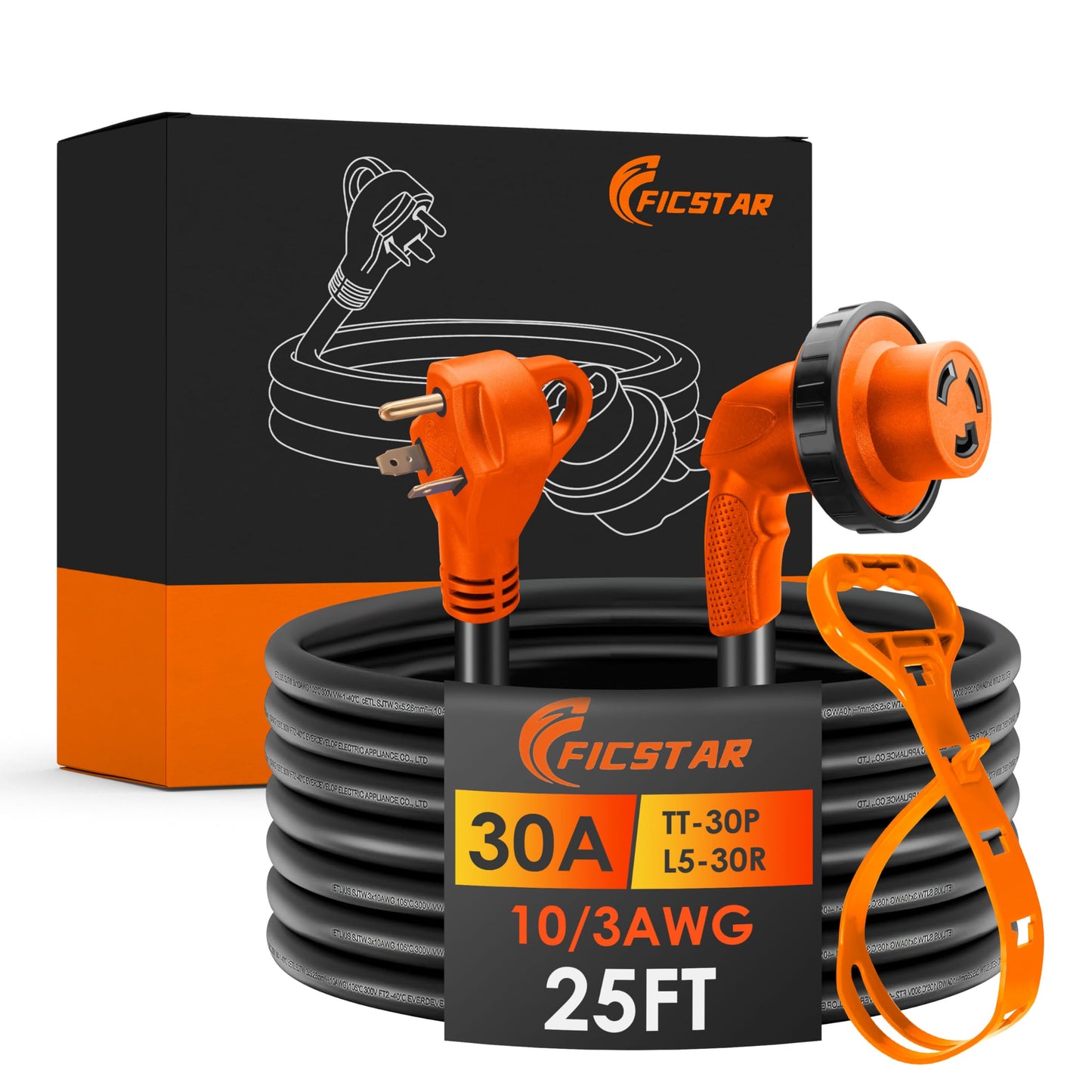 Ficstar 30 Amp RV Extension Cord 25 ft Heavy Duty Generator Extension Cord with LED Power Indicator,30 AMP Female 90° Twist Lock Adapter with Reverse Polarity Lamp,NEMA TT-30P to L5-30R,120V/125V