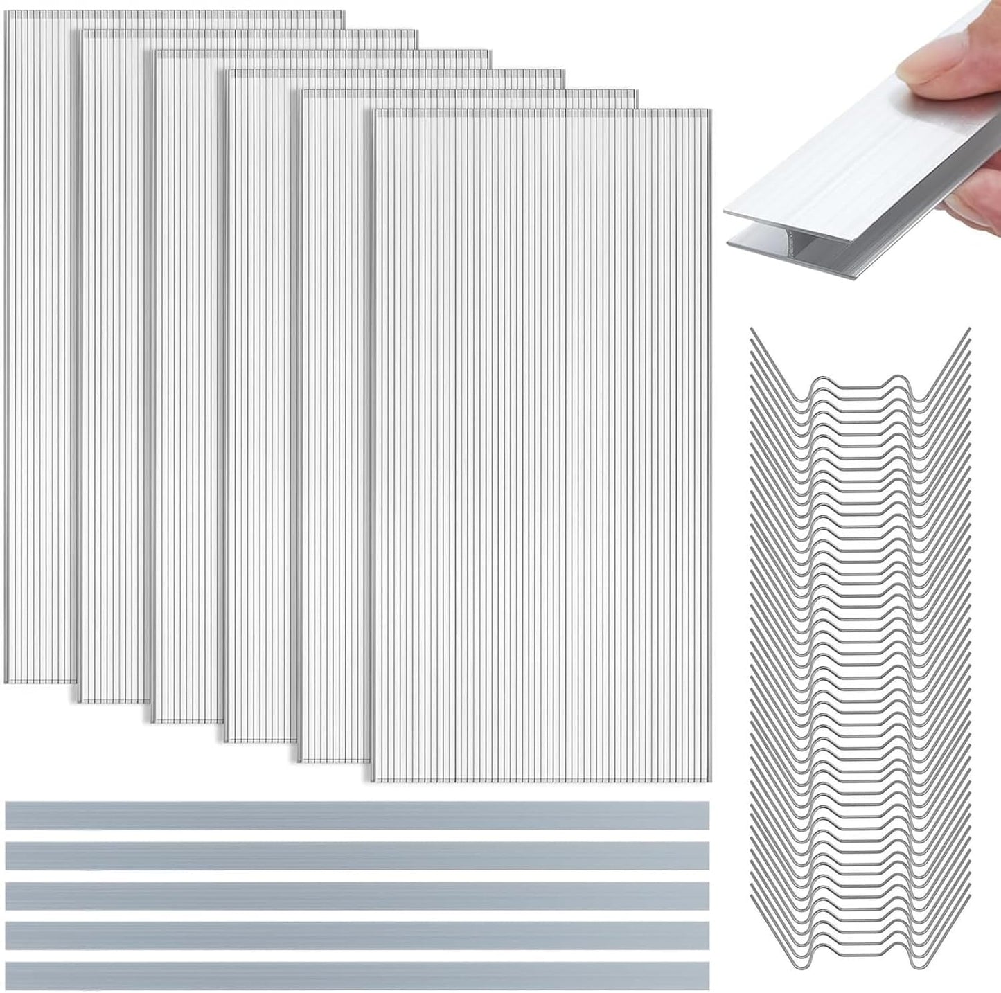 6pack Polycarbonate Greenhouse Panels, 4' x 2' x 0.24" Thickness Twin Wall Polycarbonate Sheets with 5Pcs Aluminum Connecting Strips & 50Pcs W Clips, UV Protected Clear Plastic Roof Panels