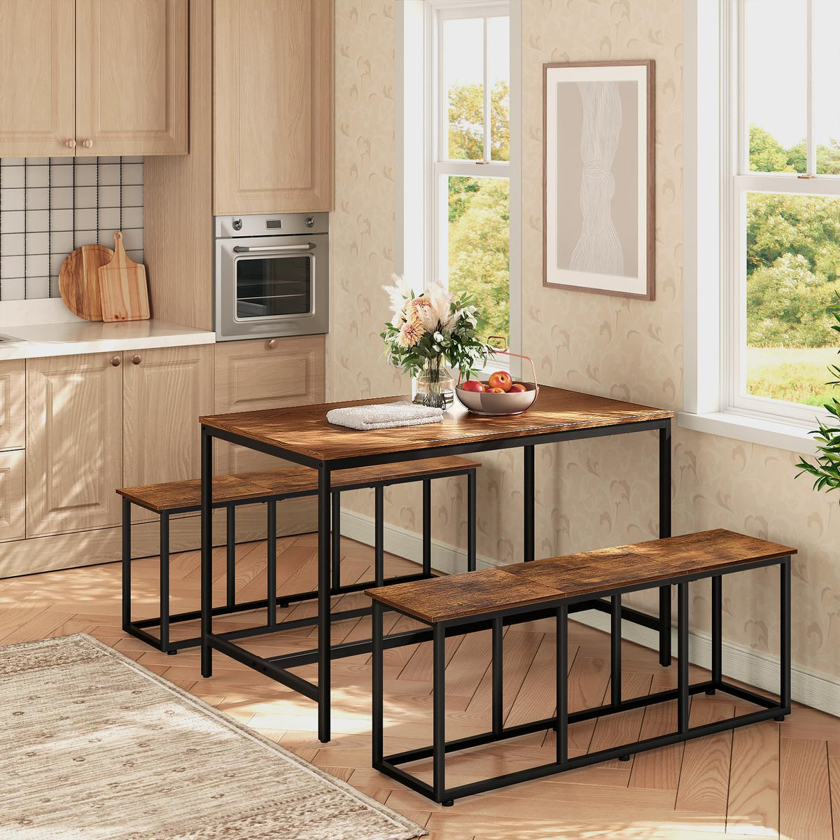 HOOBRO Dining Bench, 120 cm Dining Table Bench, Industrial Style Kitchen Bench, Steel Frame, Easy to Assemble, for Kitchen, Dining Room, Rustic Brown and Black BF45CD01
