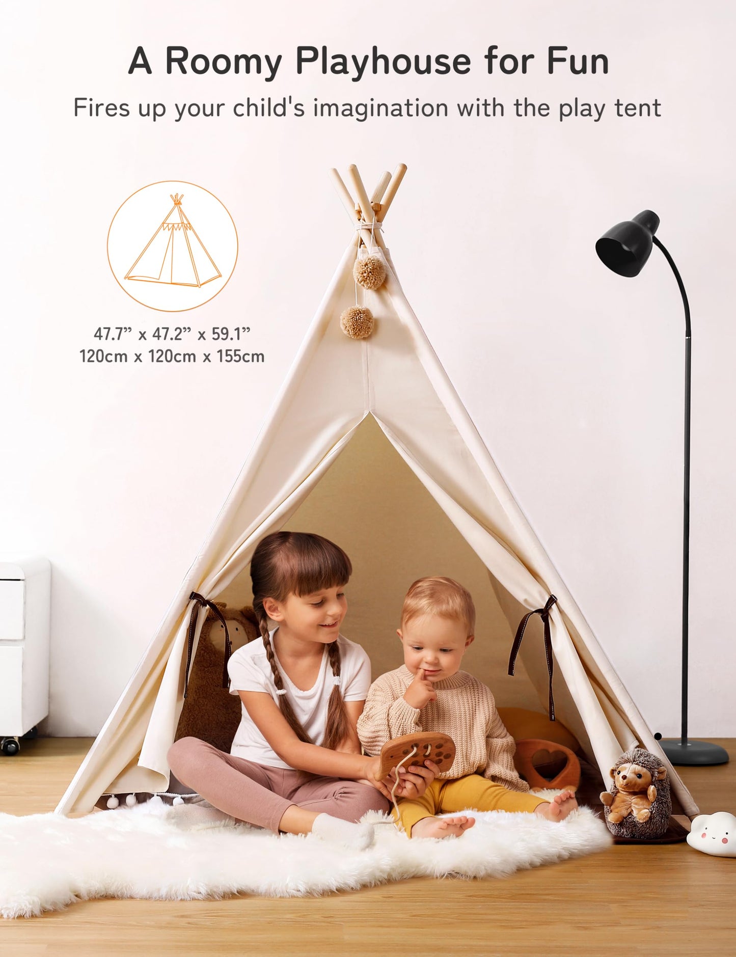 besrey Teepee Tent for Kids with Padded Mat&Light, Kids Tents Indoor Playhouse, Large Kids Tipi Tent, Play Tent for Toddler Boys Girls, Foldable Portable Toddler Reading Tent