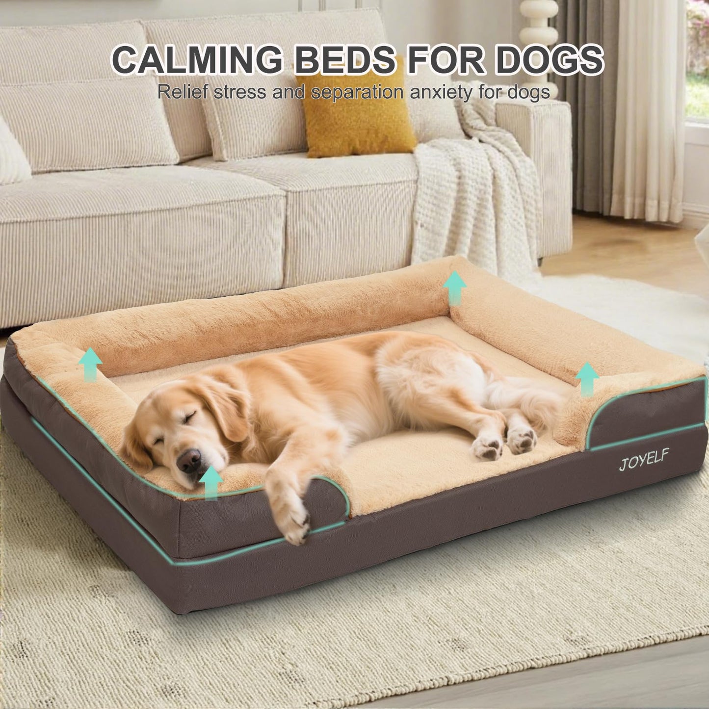 JOYELF Dog Bed for Medium Dogs, Bolster and Foam Sofa Couch Bed with Nonskid Bottom, Durable Dog Couch for Small to Medium Dogs - Brown