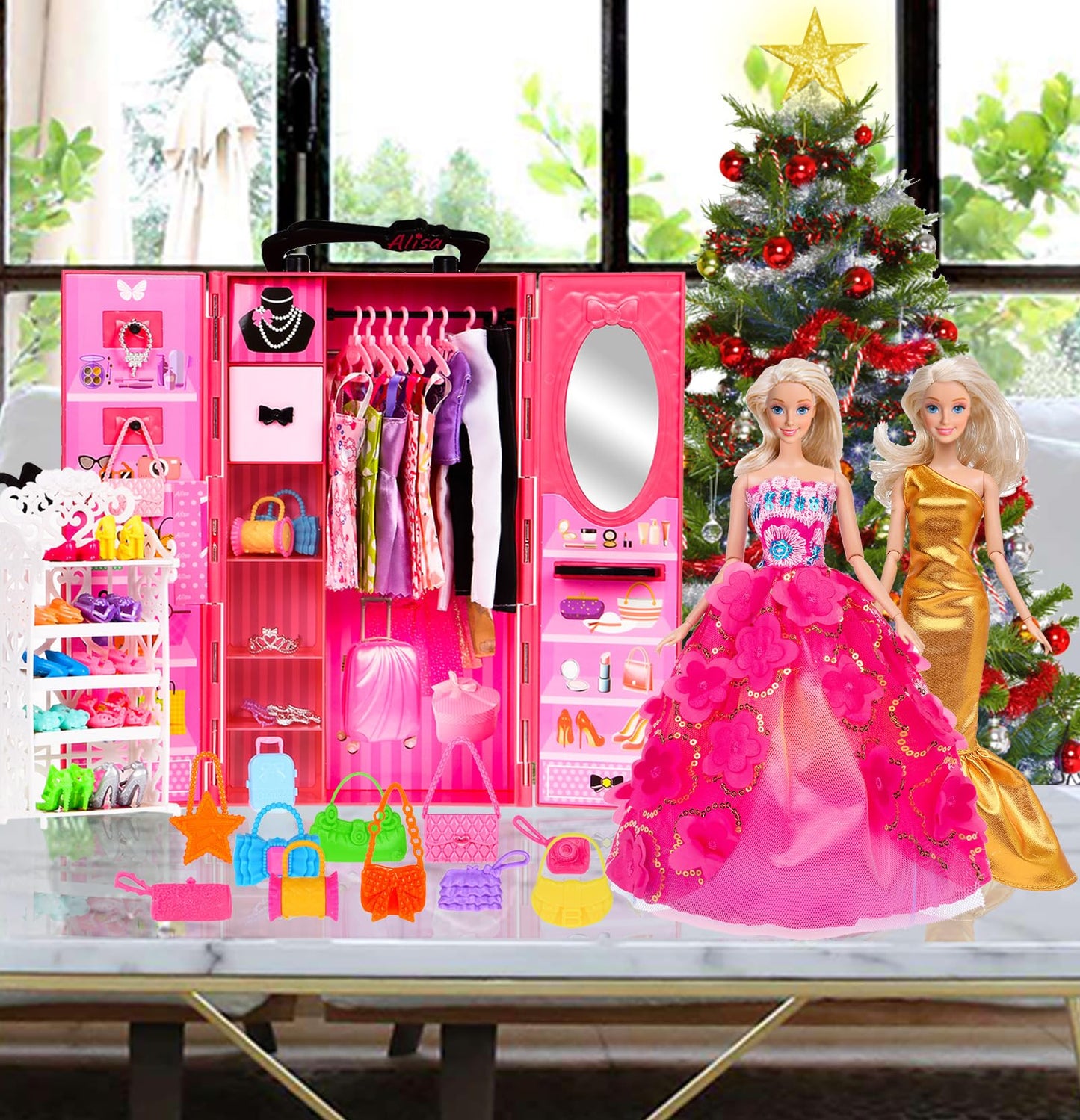 ebuddy 105 Pcs Doll Clothes and Accessories 11.5 Inch Doll Closet Including 12 Looks, Rack Dress Shoes Hangers Necklace and Other Accessories(No Doll)
