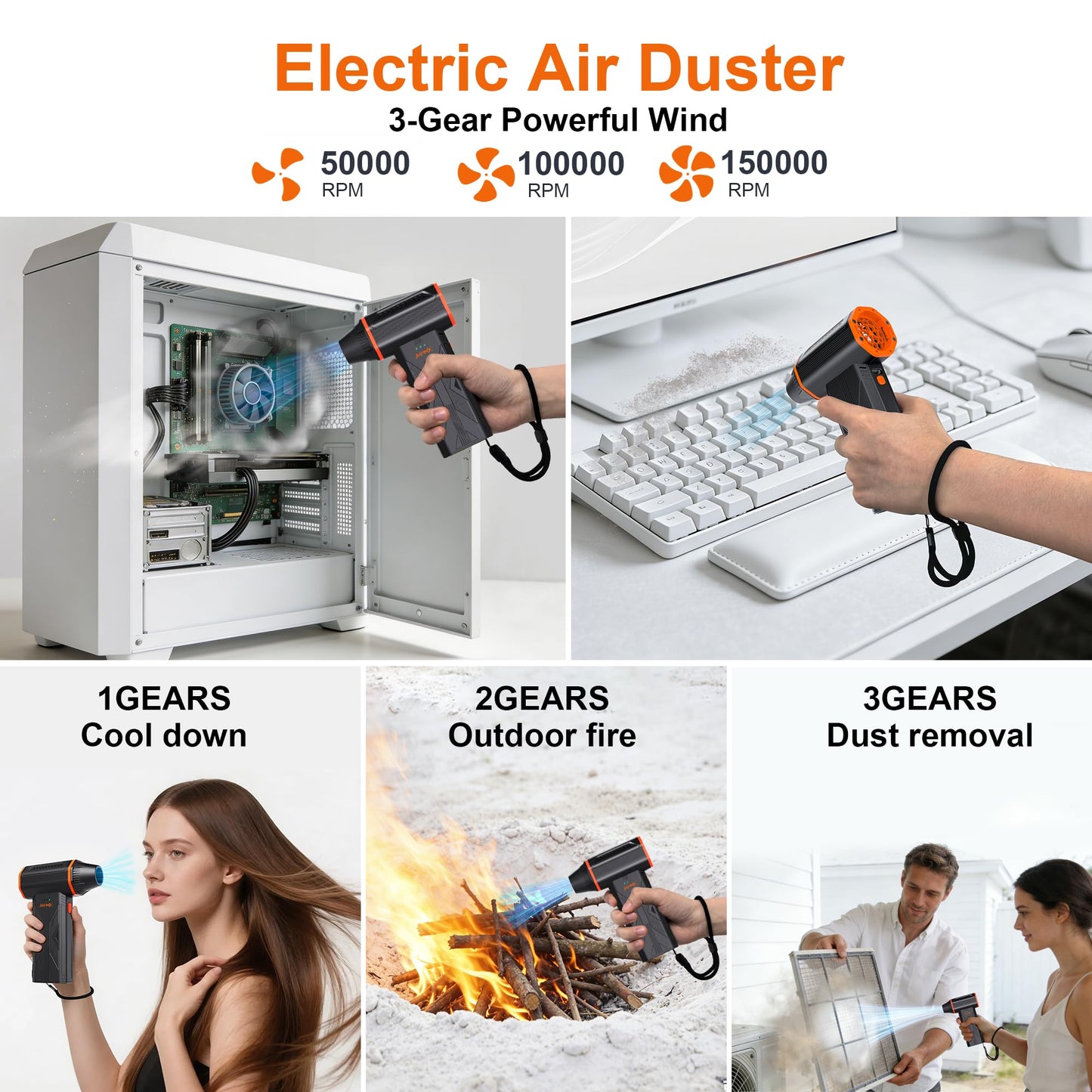JUFINX F32MAX Compressed Air Duster-150000RPM Super Power Electric Air Duster and Vacuum Cleaner & Bag Vacuum Sealer 3-in-1，for PC Keyboard Cleaning, Car Interior Cleaning.