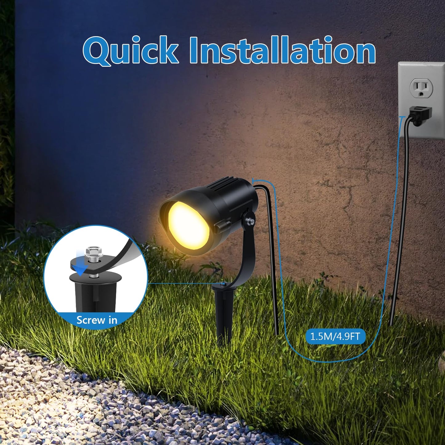 HIBOITEC 12W Landscape Lights IP65 Waterproof LED Outdoor Spotlight with US 3-Plug Cord,270° Adjustable Angle Landscape Lights for Garden, Yard, Lawn Warm White Light 4 Pack