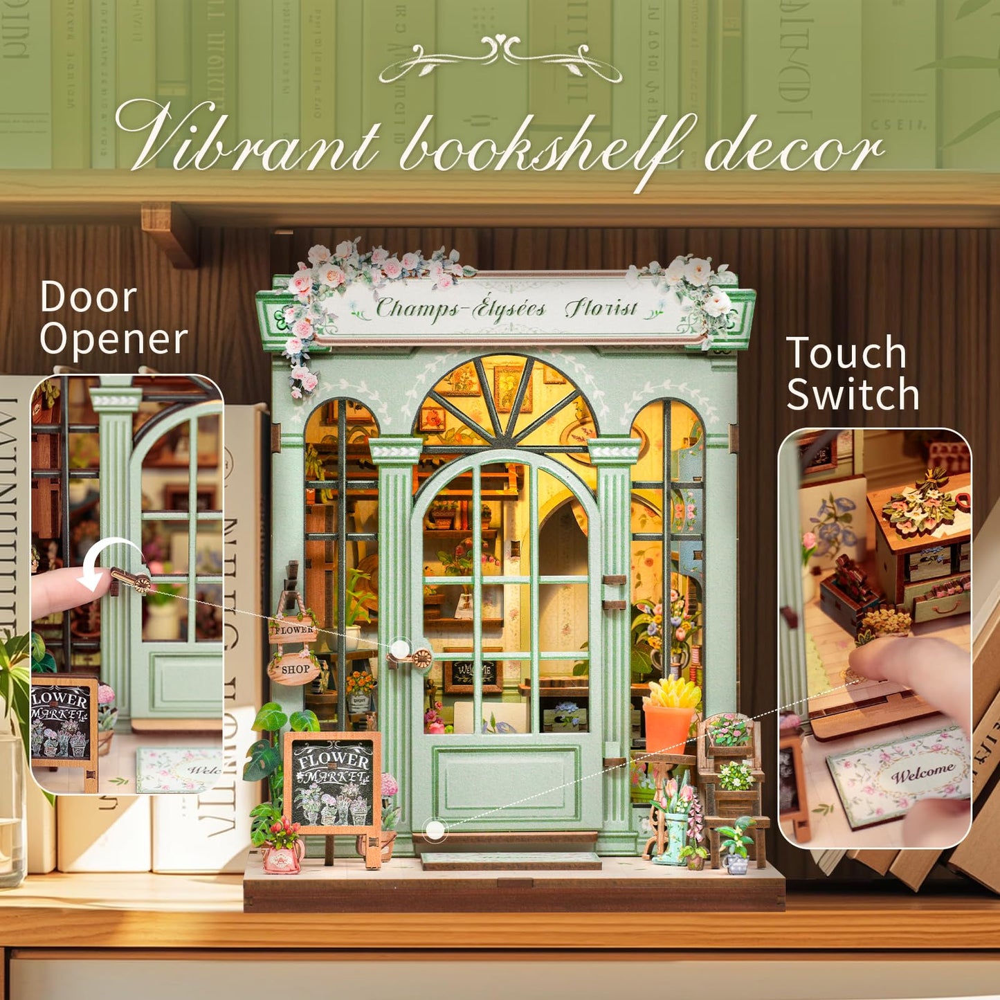 CUTEBEE Book Nook Kit - DIY Miniature House Kit for Adults, Dollhouse Kit Tiny House Bookshelf Decor 3D Wooden Puzzle Model Building Set, Gifts for Family and Friends (Champs-Élysées Florist)