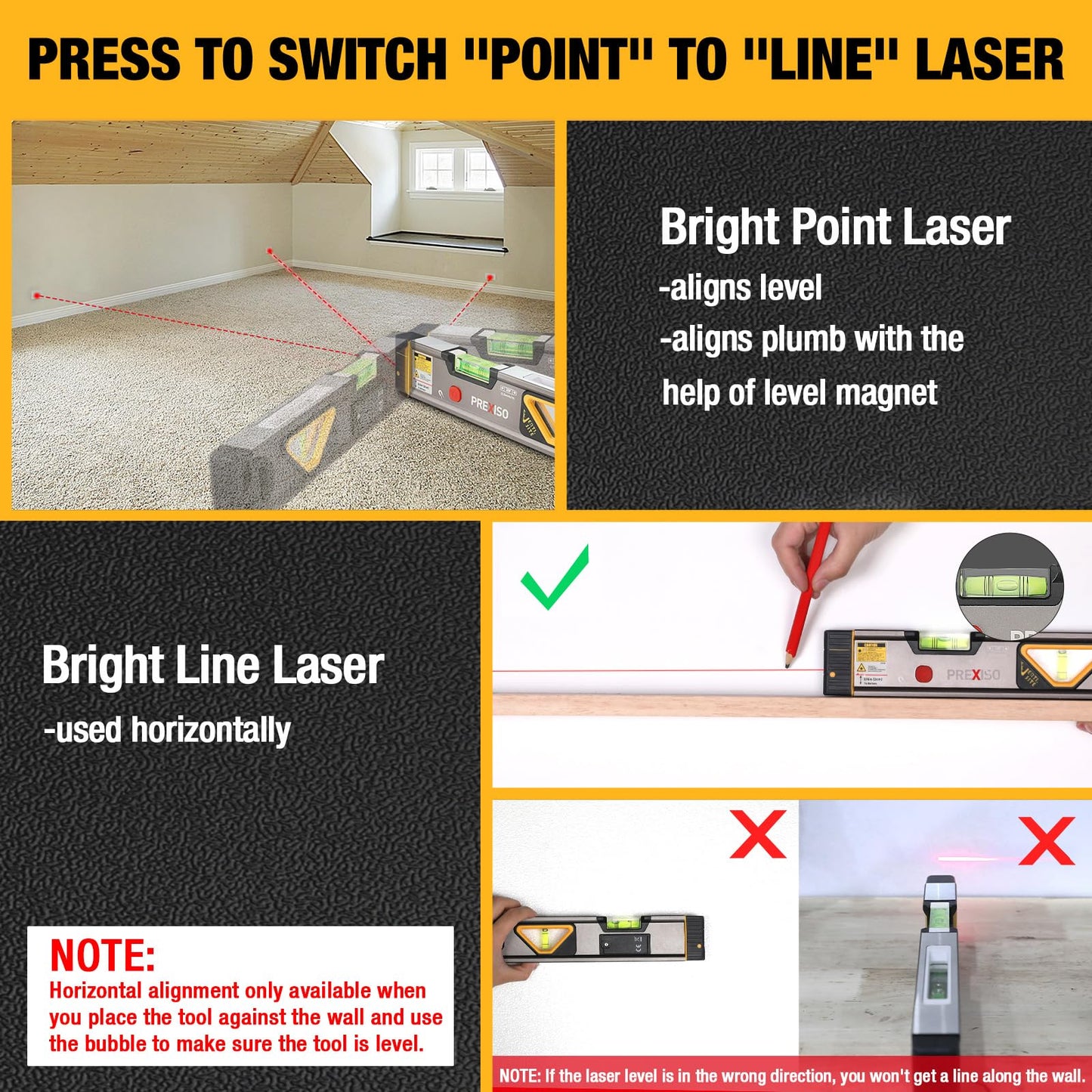 PREXISO 2-in-1 Laser Level Tool with Light, 100 Ft Alignment Point & 30 Ft Leveling Line, Magnetic Laser Spirit Level for Construction Picture Hanging Wall Writing Painting Home Renovation