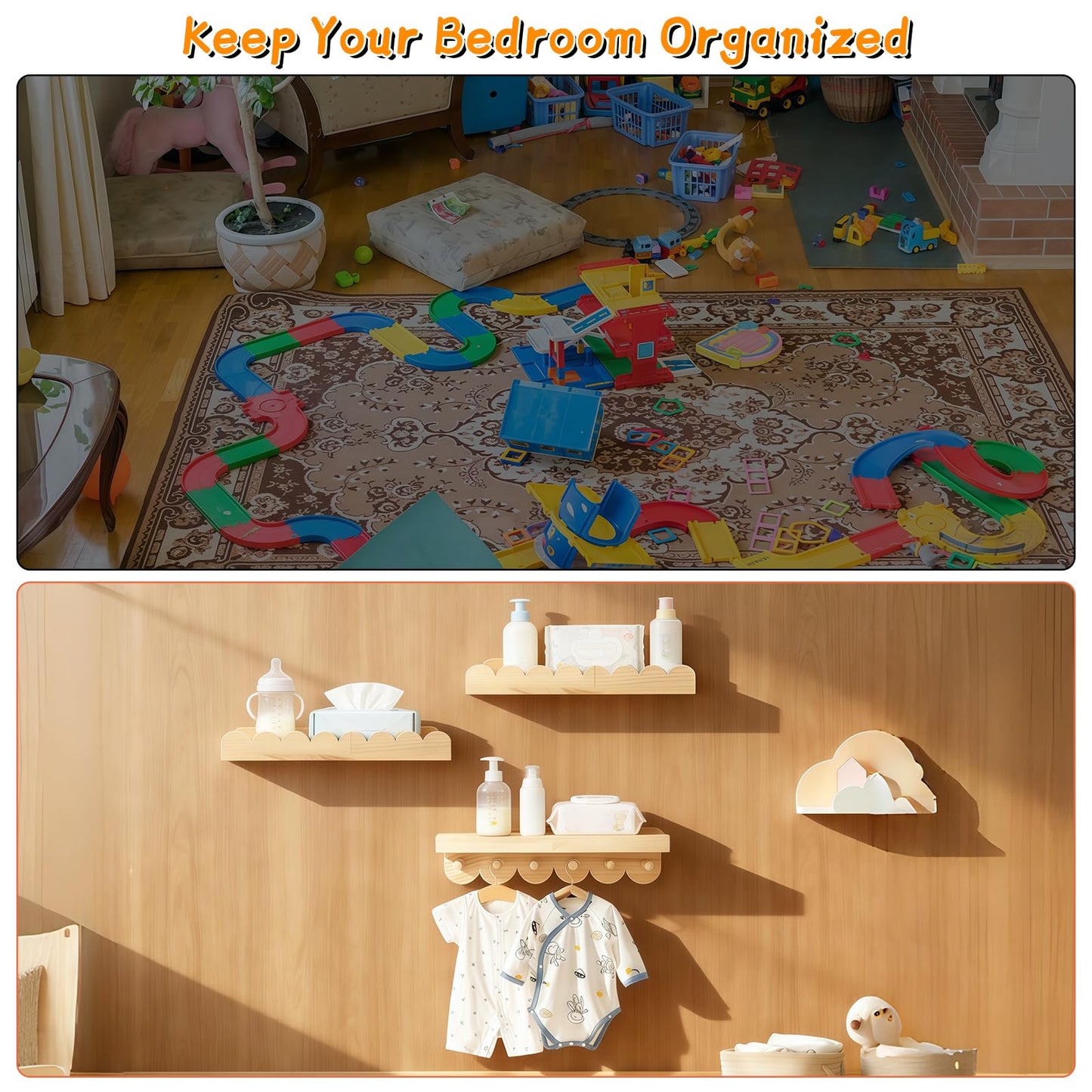 Nursery Book Shelves, 3PCS Wooden Scalloped Shelves with Round Hooks, Floating Shelves Wall Mounted Organizer for Bedroom, Living Room Decor