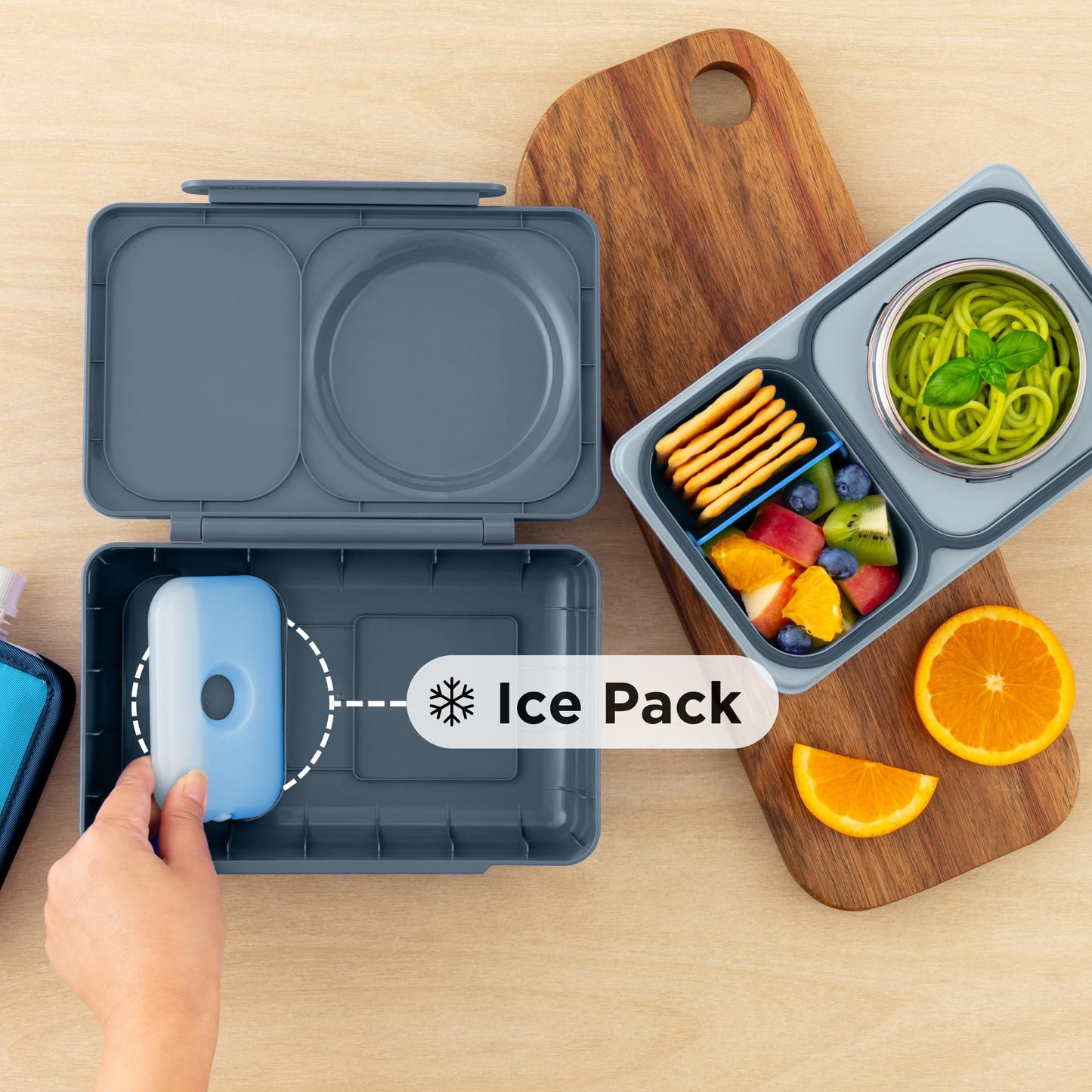 OmieBox UP bento Box for Kids | Insulated Lunch Box | Insulated Food jar | Cooler ice Pack | 2 Compartments (Graphite)
