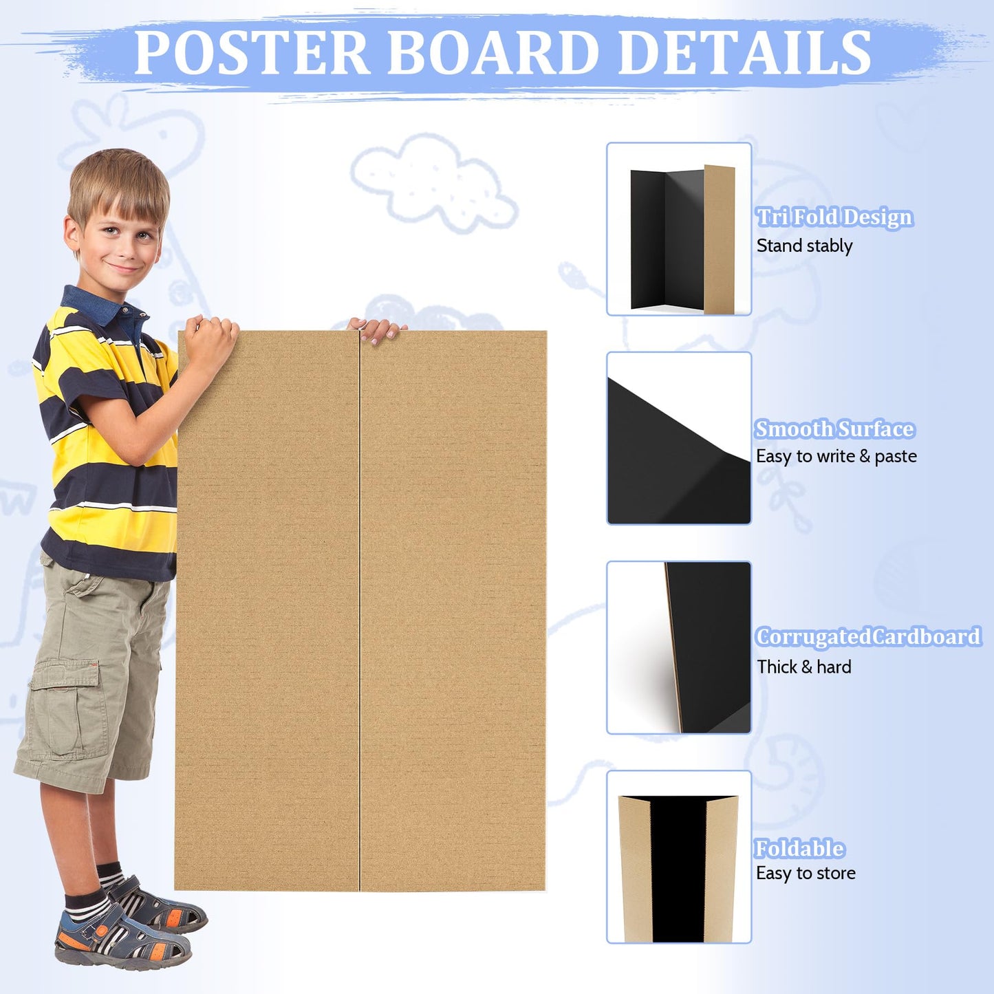 AKONEGE 4 Pack 36" x 48" Trifold Poster Board for Presentation, Black Corrugated Cardboard Large Tri Fold Poster Board for Science Fair, Office & School Projects, Photo Displays, Exhibitions Event