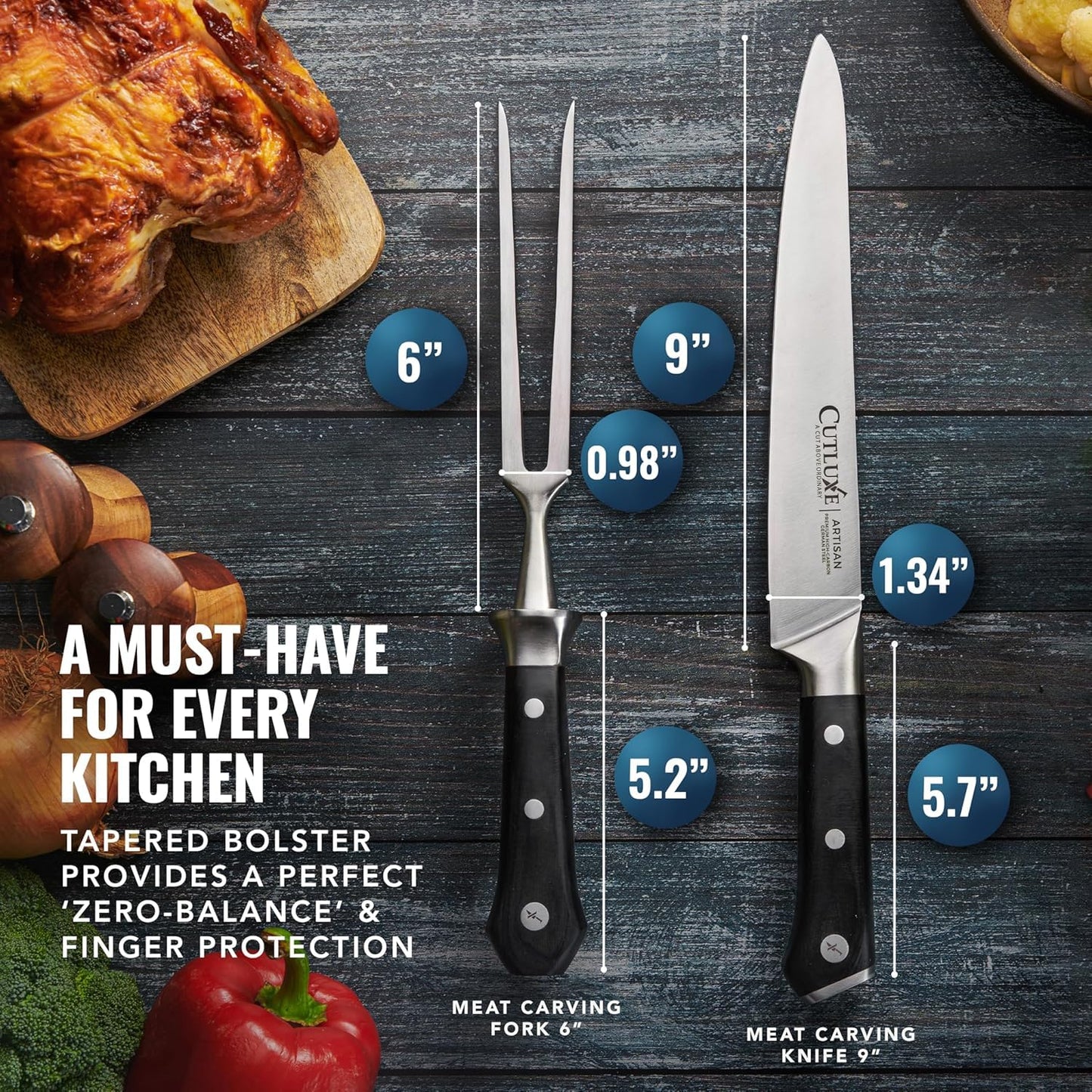 Cutluxe Carving Knife Set – Carving Fork & Carving Knife for Meat, BBQ, Brisket, Turkey – Razor Sharp Premium German Steel – Full Tang, Ergonomic Handle – Artisan Series