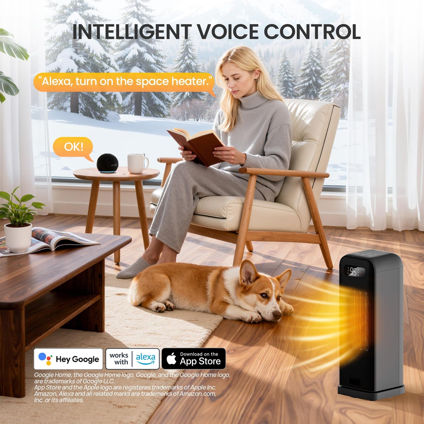 FLANUR Space Heater for Bedroom, Smart Electric Heater with WiFi and Voice Control, 12H Timer, 4 Modes, Thermostat, 1500W PTC Ceramic Indoor Heater, 36dB Quiet Heating for Home Office, 1Pack Black