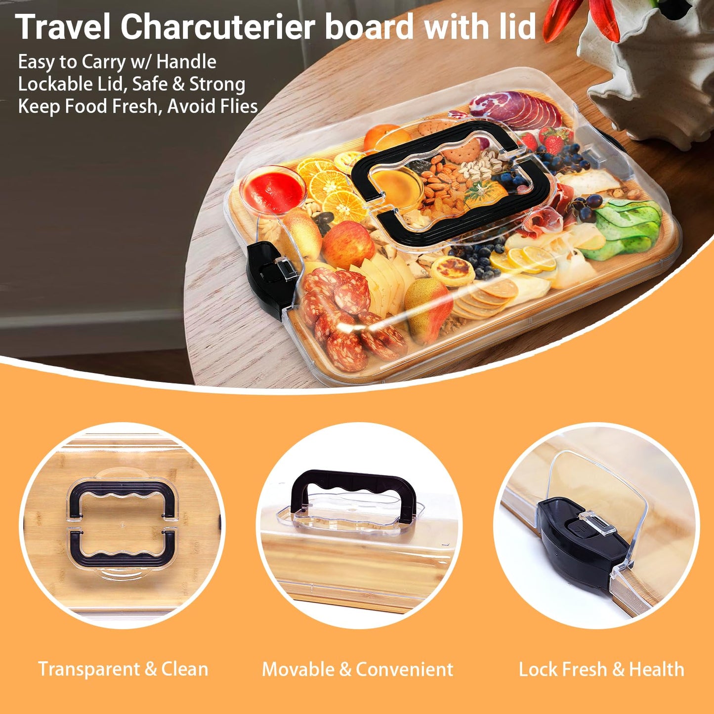 Bamboo Charcuterie Board with Lid & Carry Handle, Cheese Board with Buckle Locking, Engagement Gifts for Couples, Gifts Ideals for Wedding, Housewarming, White Elephant, Bridal Showers, Christmas