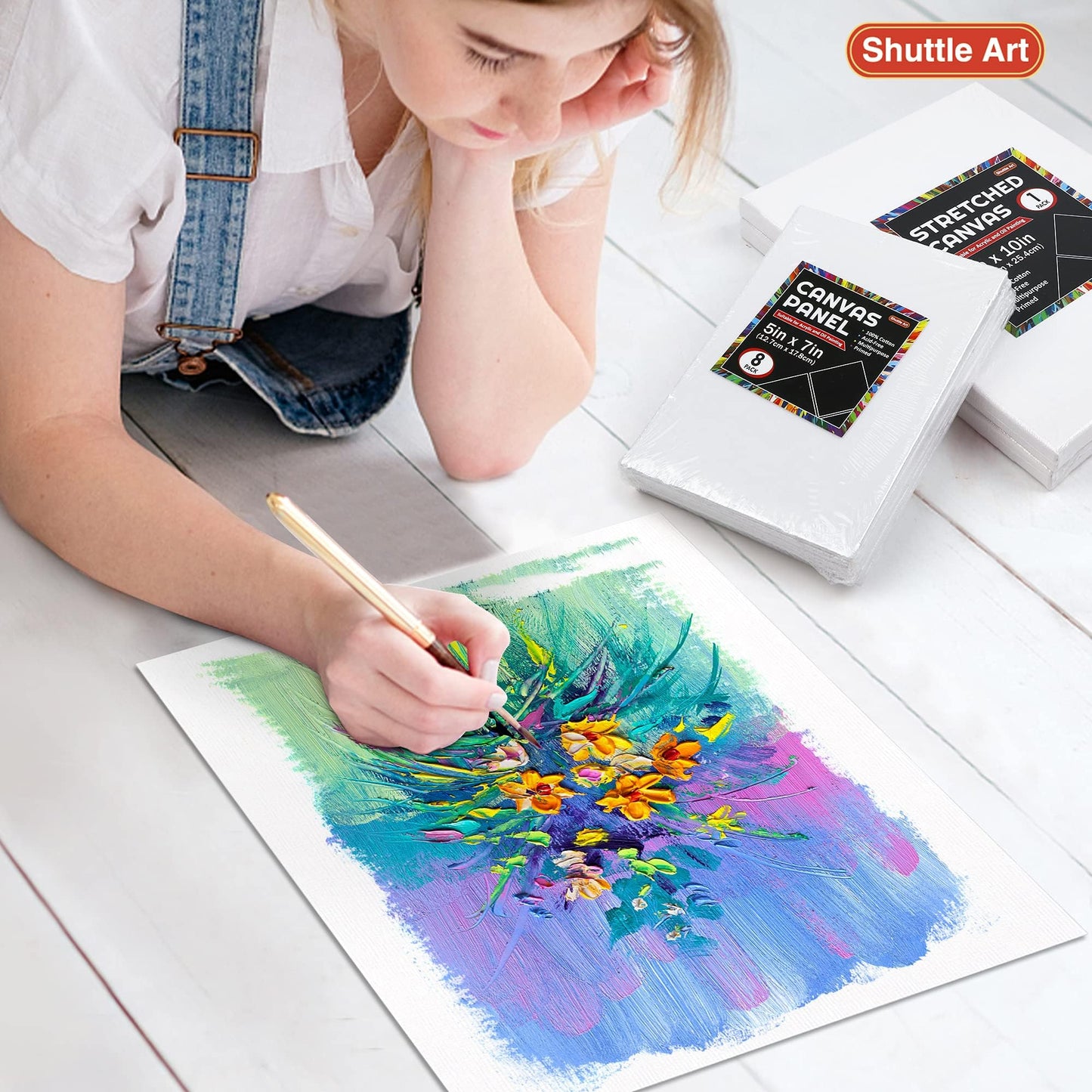 Shuttle Art Canvases for Painting, 34 Pack Multi Sizes Stretched Canvas and Canvas Panels, 5x7”, 8x10”, 9x12”, 11x14”, 100% Cotton Primed Canvas Boards for Painting, Blank Canvas for Acrylic Oil Paint