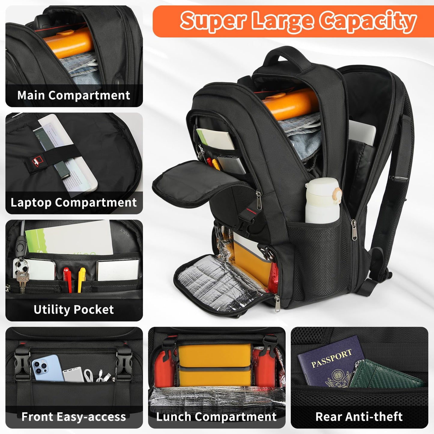 Lunch Backpack 17.3 Inch Laptop Backpack Extra Large Backpack for Men 50L Travel Backpack Waterproof Backpack Computer Backpack for College School Business,(with USB Charging Port)