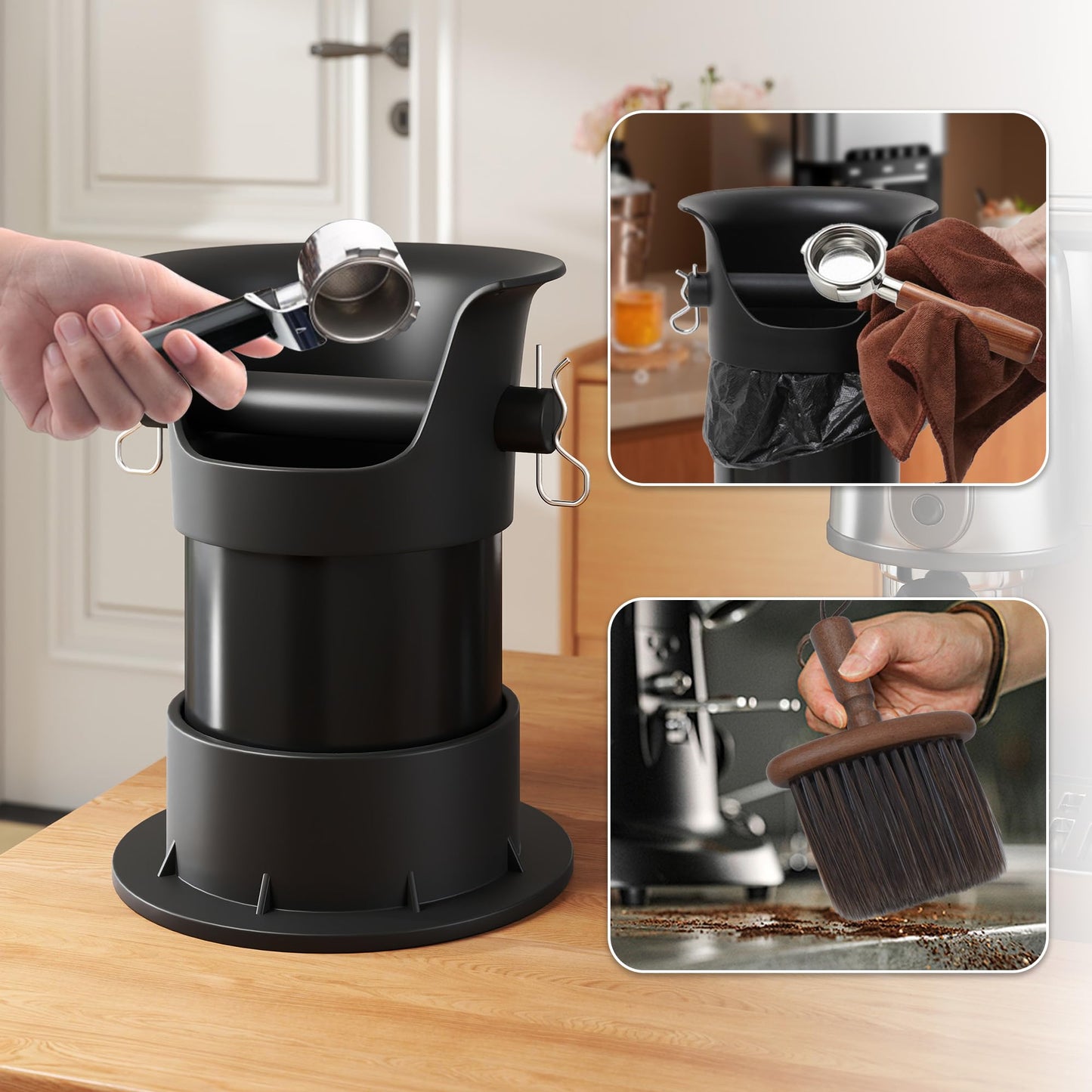 4L Knock Box Espresso, Knock Box for Grounds, Coffee Puck Dump Bin with Barista Towel, Brush and Trash Bags for Espresso Machine Cleaning, Coffee Bar Accessory for Cafes Breakroom