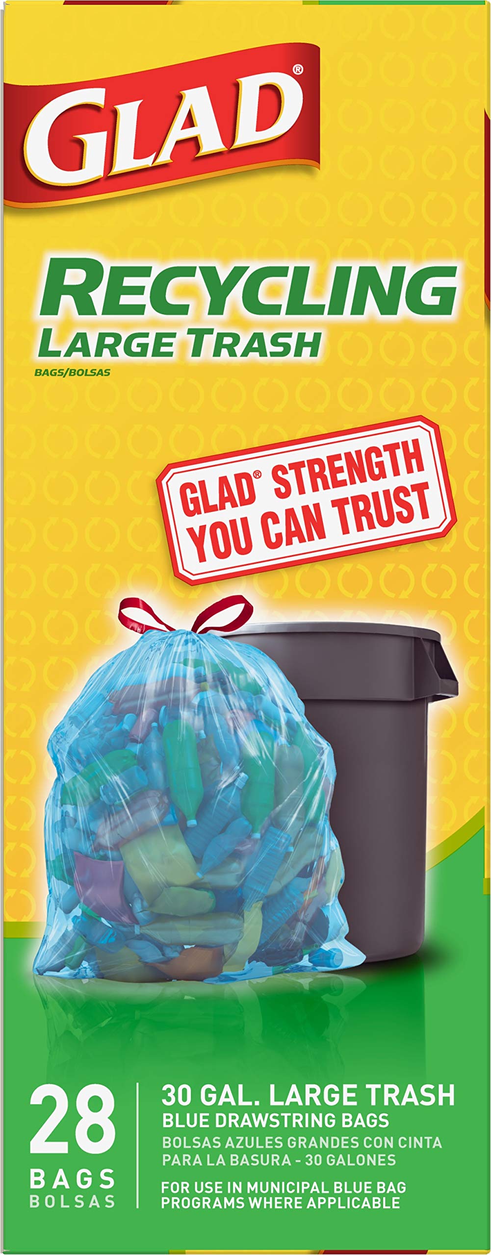 Glad Large Drawstring Recycling Bags - 30 Gallon Blue Trash Bag - 28 Count