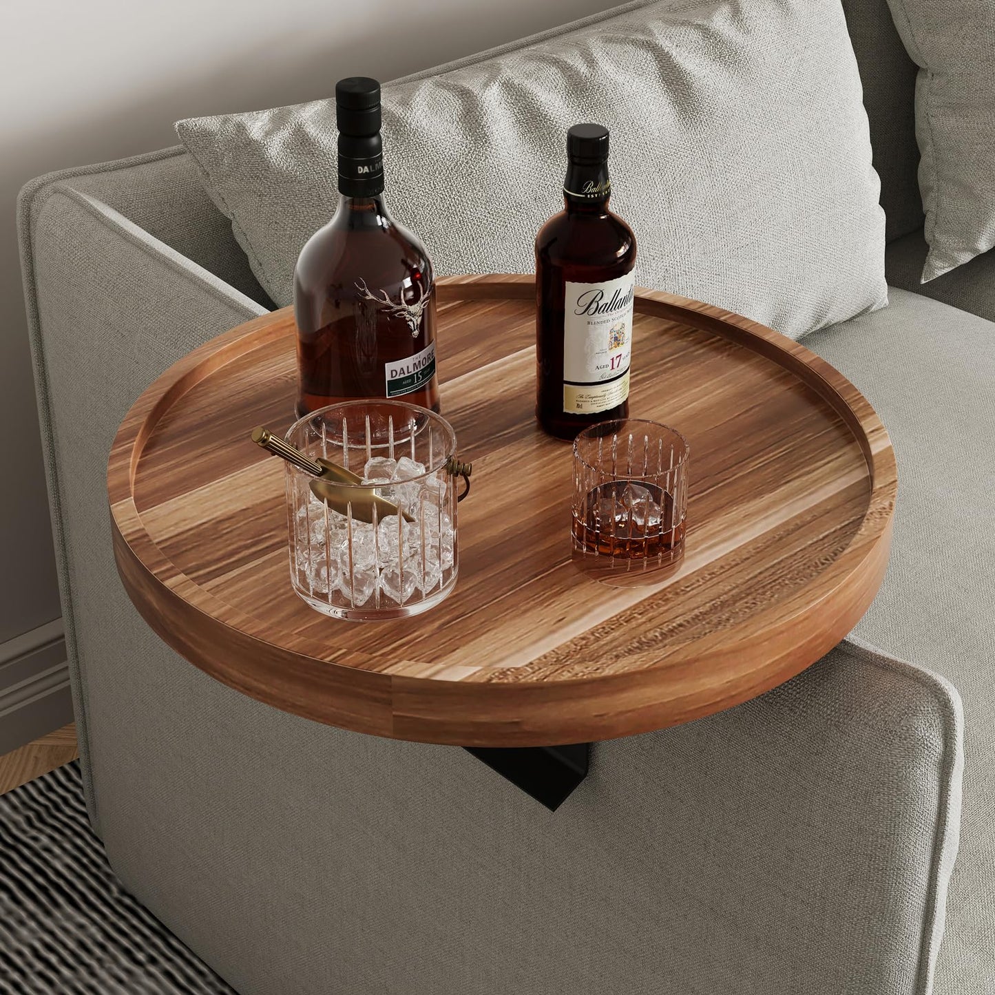 Semjar Acacia Wood Couch Arm Table,Adjustable Round Sofa Arm Tray,Wooden Chair Armrest Tables for Wide Thin Couches Arms,Trayble Couch Companion Armchair Table for Eating