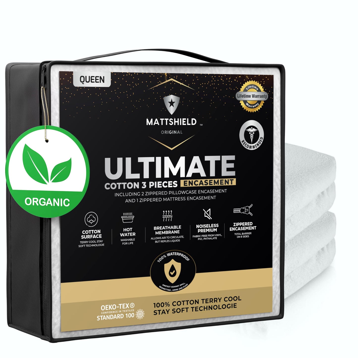 MATTSHIELD New Ultimate 3-Piece Kit - Bed Bug-Proof Mattress Cover Queen Size, Organic Cotton Top + 2 Pillow Protectors with Zipper - 6 Sided Waterproof Encasement, Best Bedbug Defense
