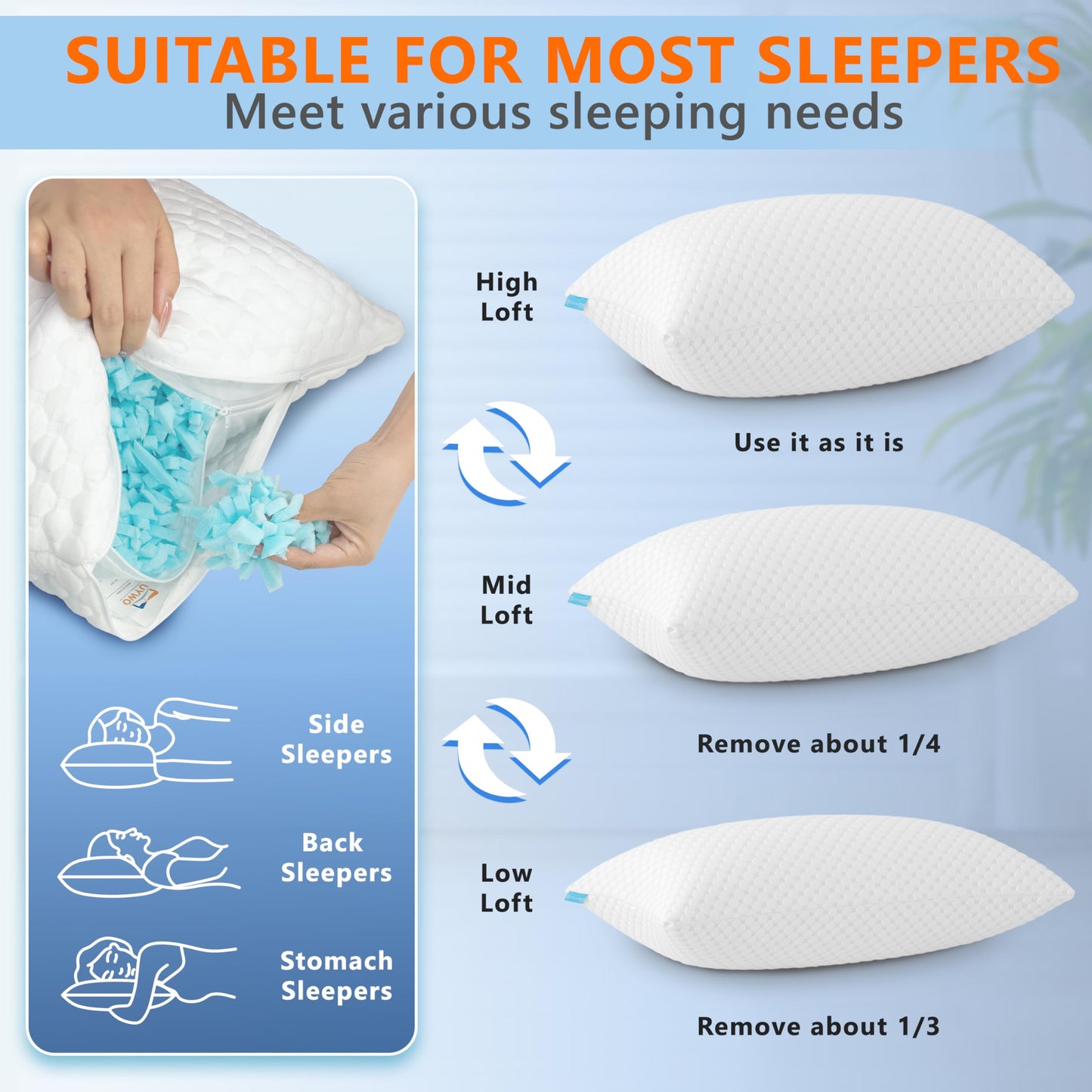 UYWO Cooling Pillows Queen Size Set of 2, Memory Foam Pillows with Zipper, Firm Bed Pillows Adjustable for Hot Side Back Stomach Sleepers