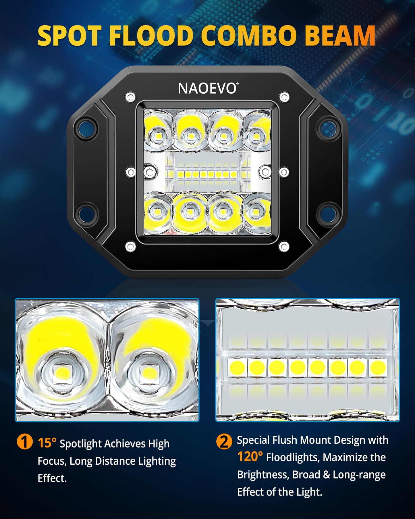 NAOEVO 5 Inch Flush Mount LED Pods Lights, 40W 4000LM Spot Flood Combo LED Light Bar/Offroad/Driving/Fog Lights, LED Reverse/Backup/Work Lights for Trucks Boat 4x4 UTV ATV, 2-Pack (White)